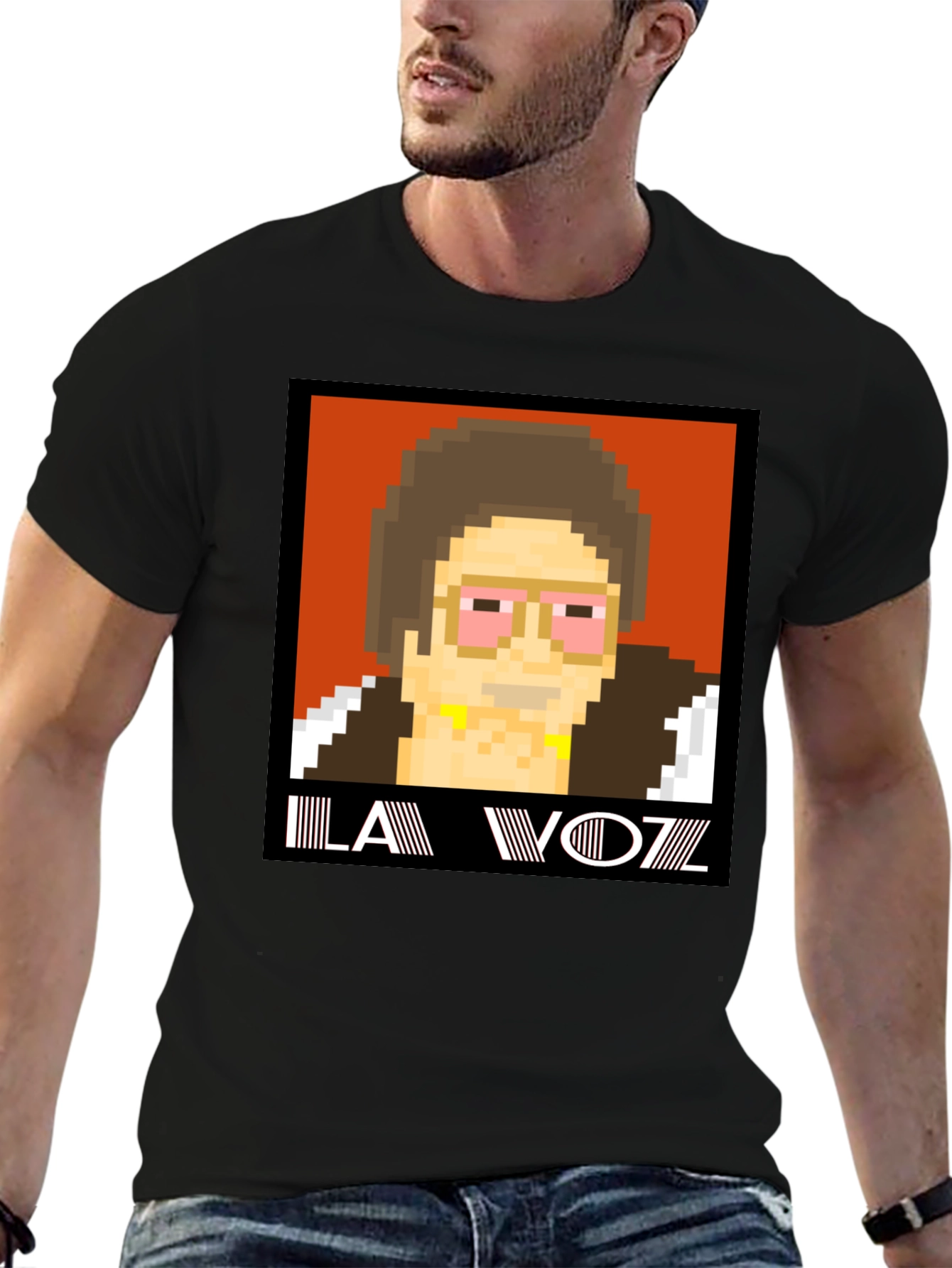 Black Retro Pixel Art T-Shirt: LA VOZZ view 6