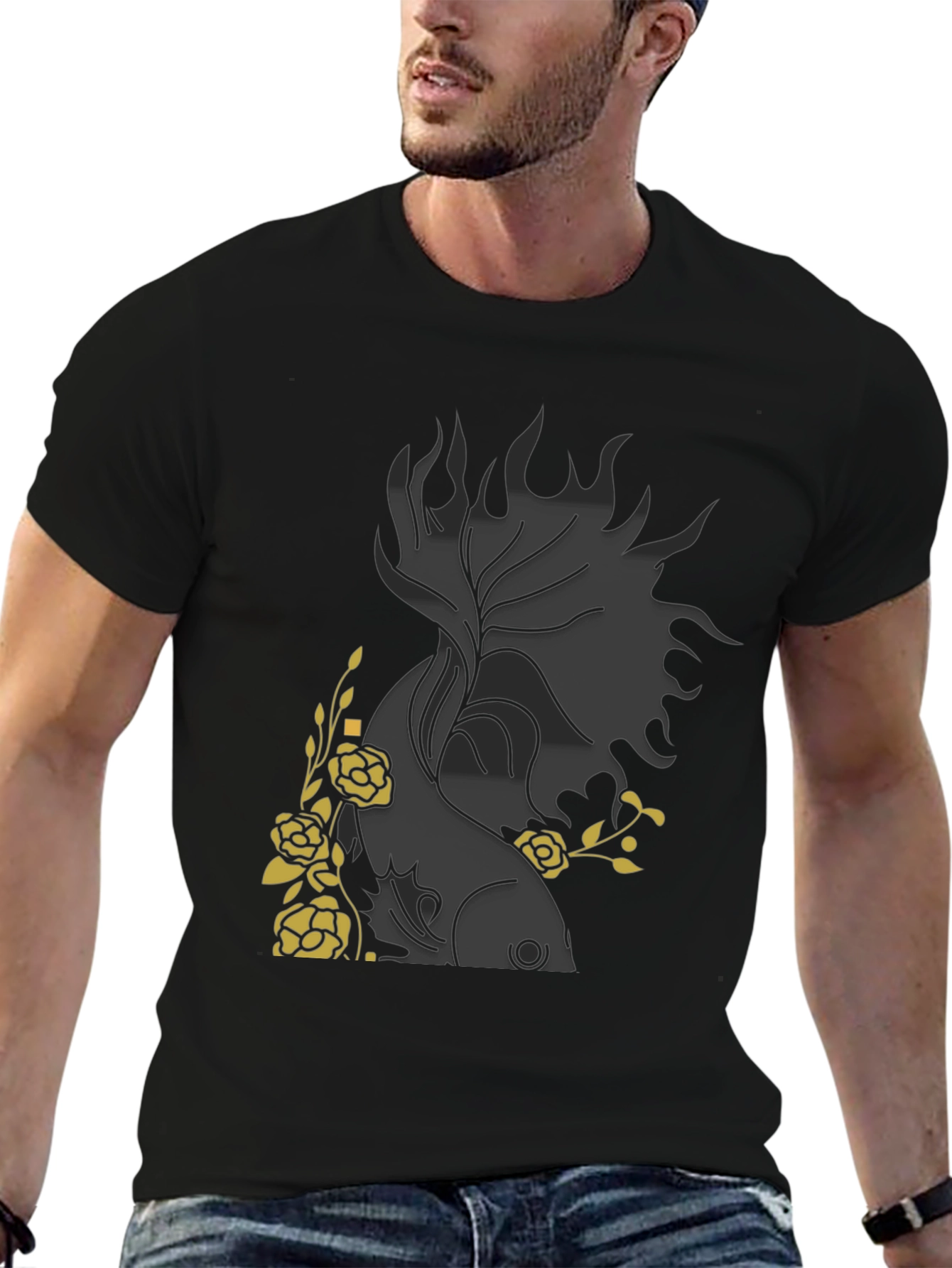 Black Floral Fish Graphic Black T-Shirt view 6