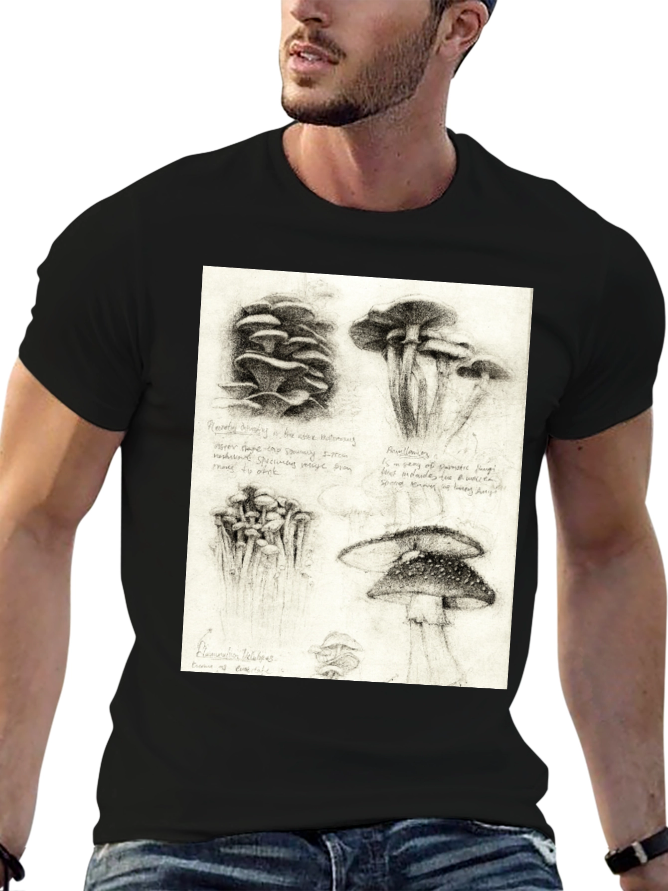 Black Mushroom Sketch Art T-Shirt - Nature Inspired Tee view 6