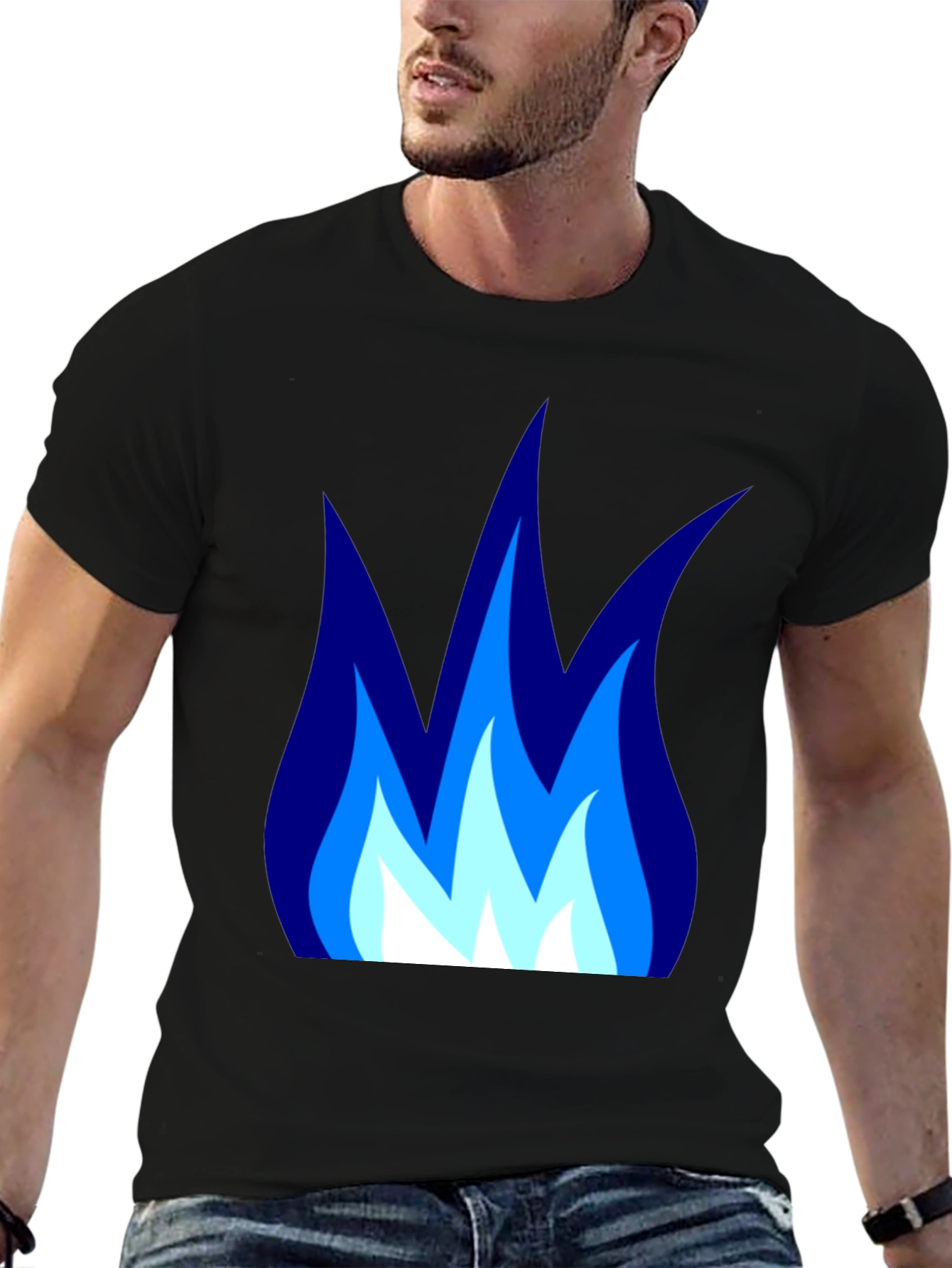 Black Blue Flame Graphic Black T-Shirt - Cool Casual Tee view 6