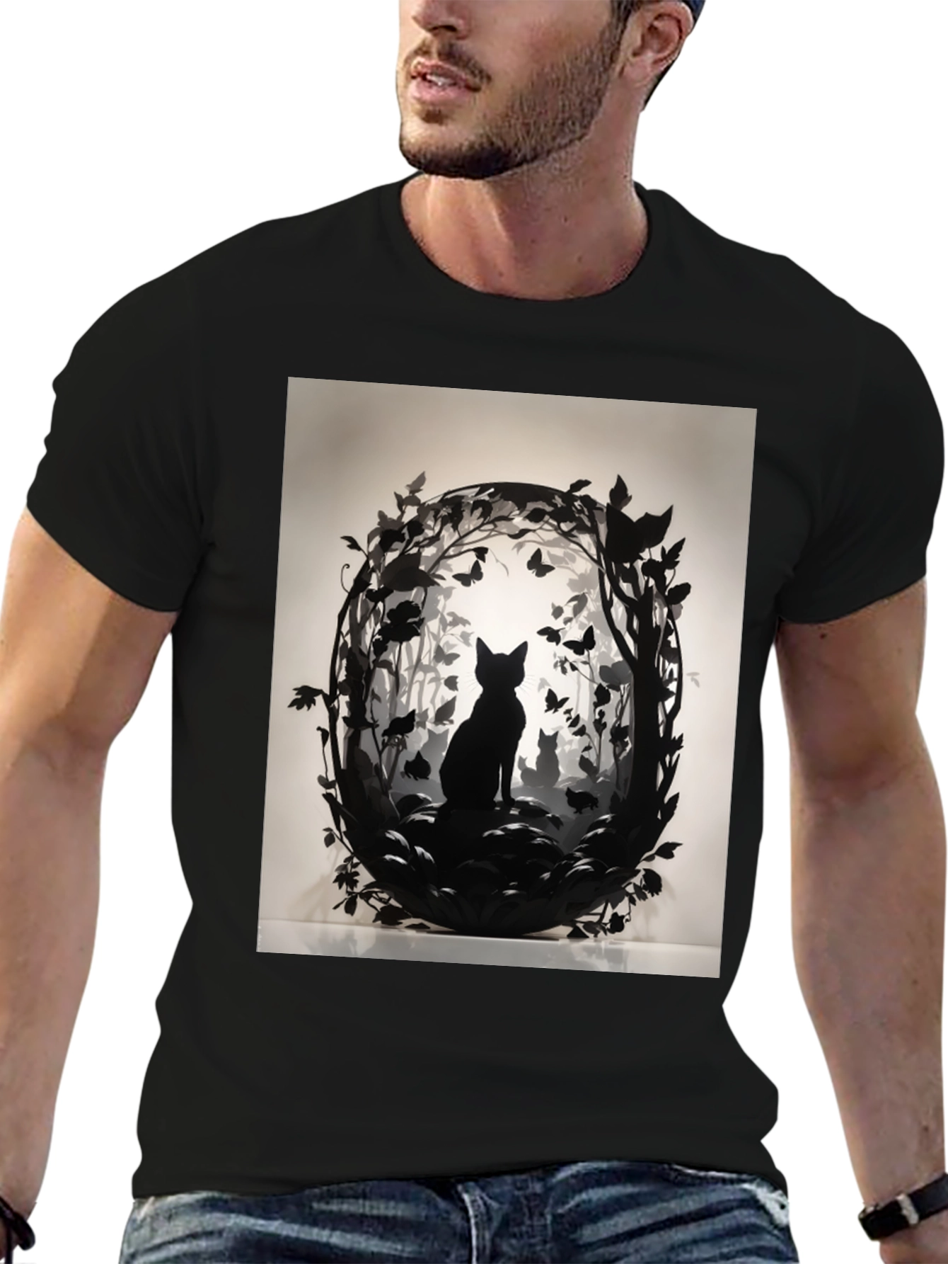 Black Artistic Cat Silhouette Graphic Tee view 6