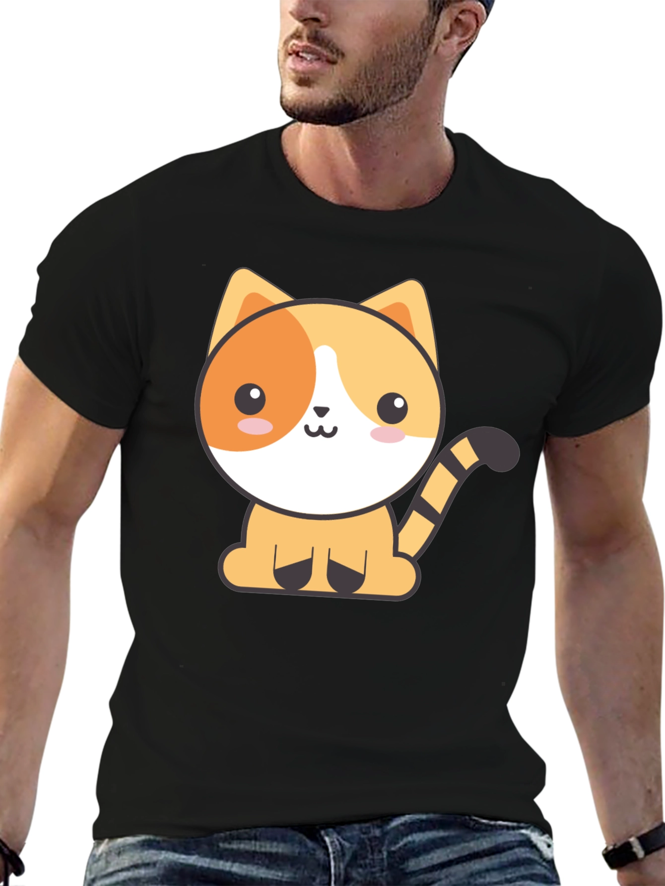 Black Cute Cartoon Cat Black T-Shirt view 6