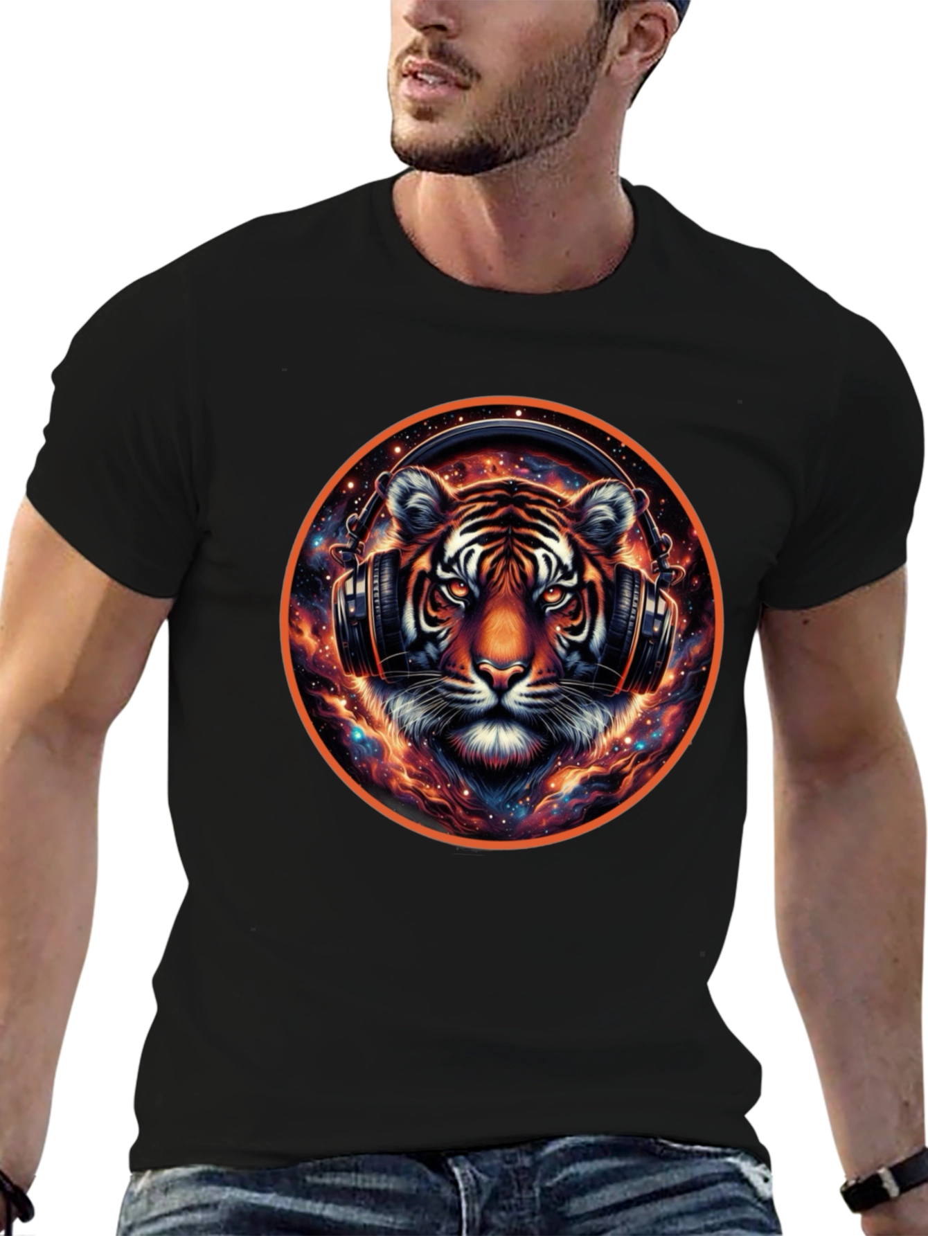 Black Tiger DJ Black T-Shirt - Cool Animal Graphic Tee view 6