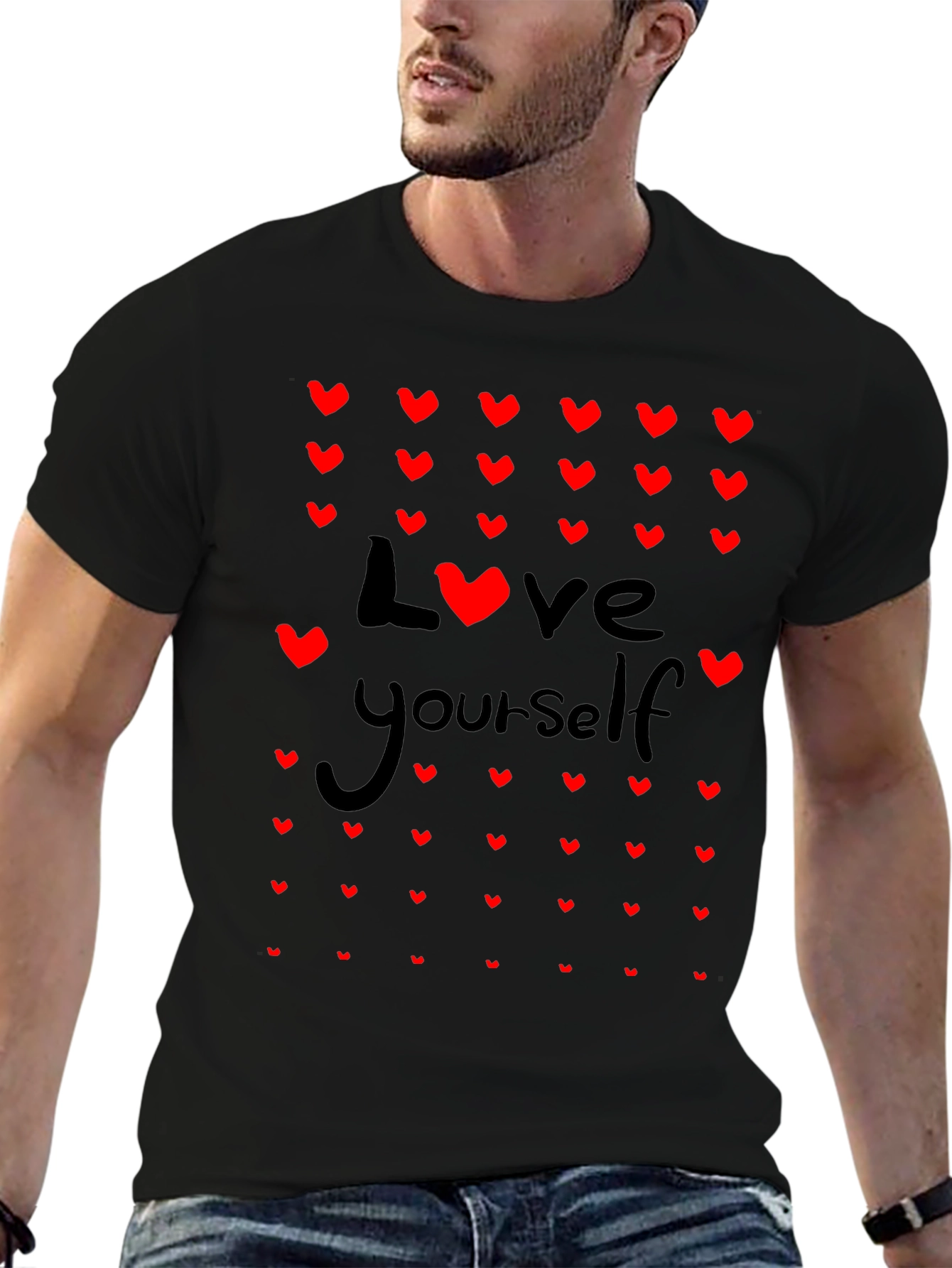 Black Love Yourself Heart Print Black T-Shirt view 6