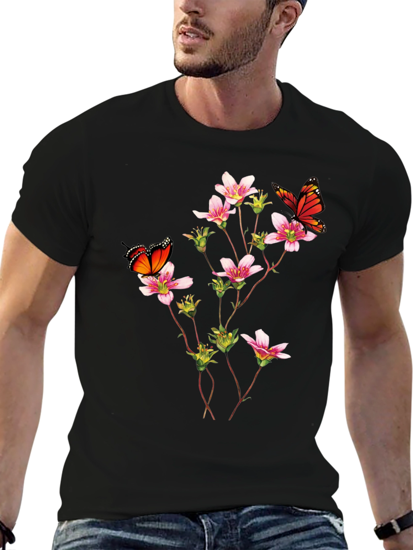 Black Butterfly & Floral Print Black T-Shirt view 6