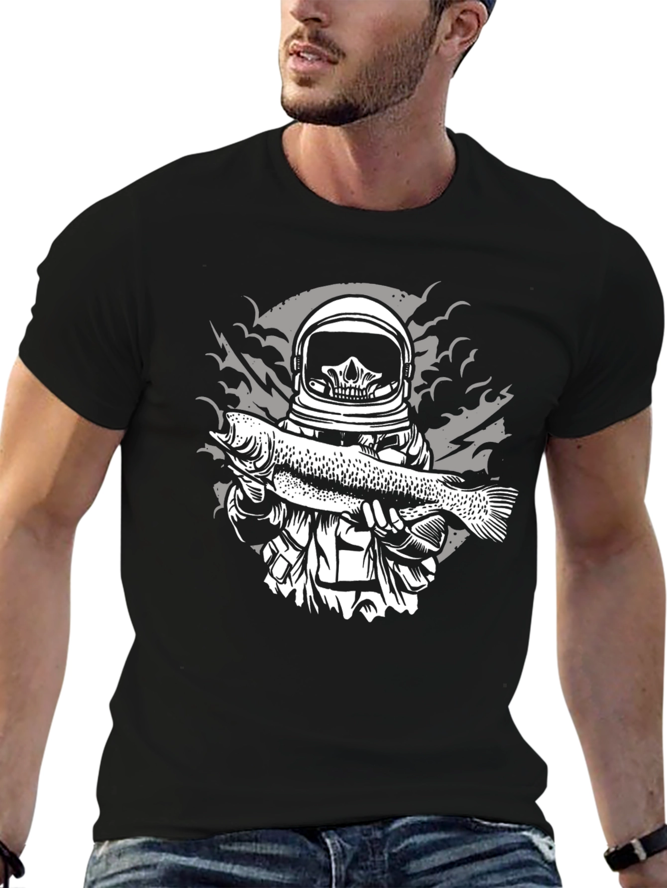 Black Astronaut Skeleton Fish Graphic Tee - Black view 6