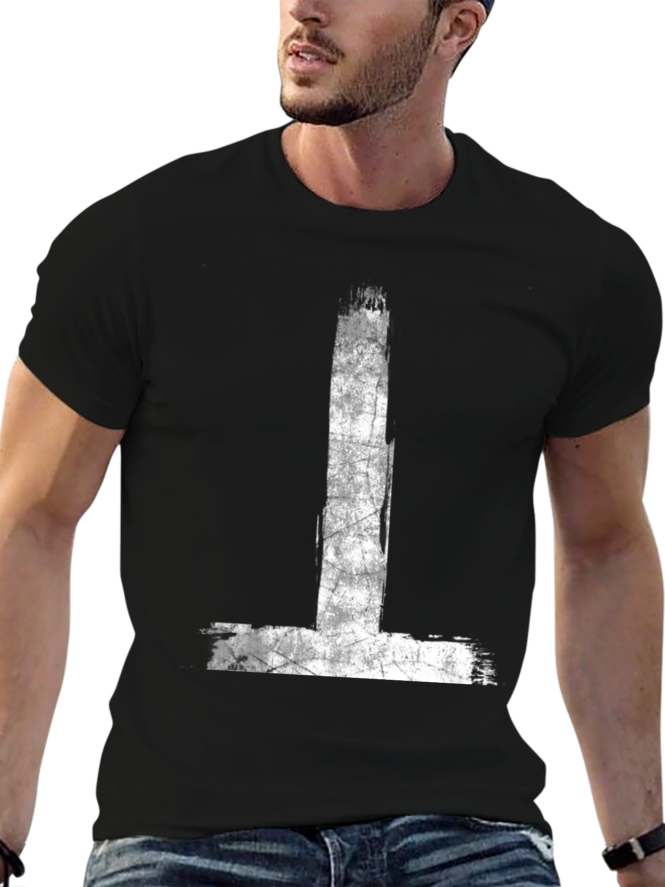 Black Grunge T-Shirt White Cross Style Black Cotton Tee view 6
