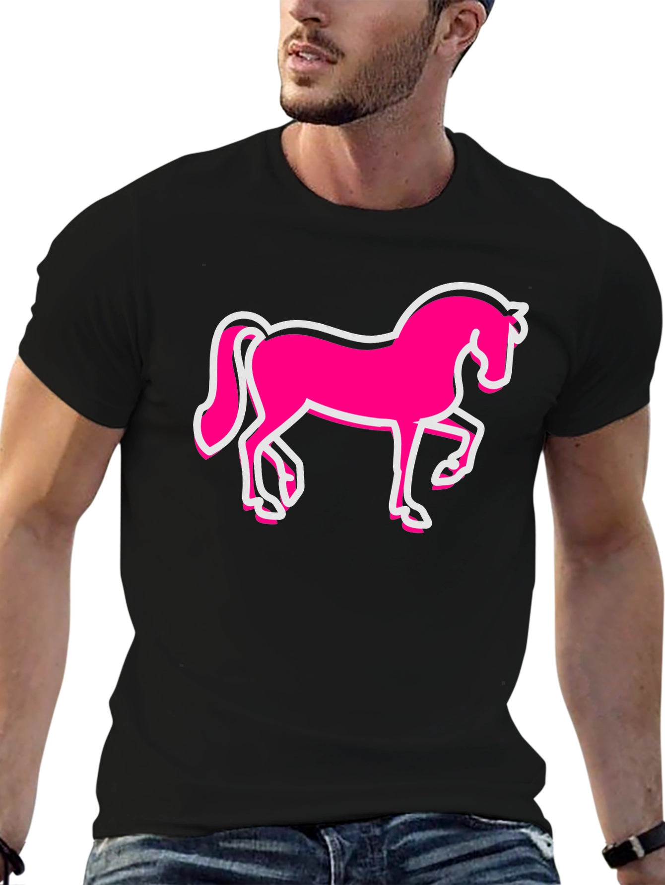 Black Pink Horse Graphic Black T-Shirt - Men's Fashion view 6