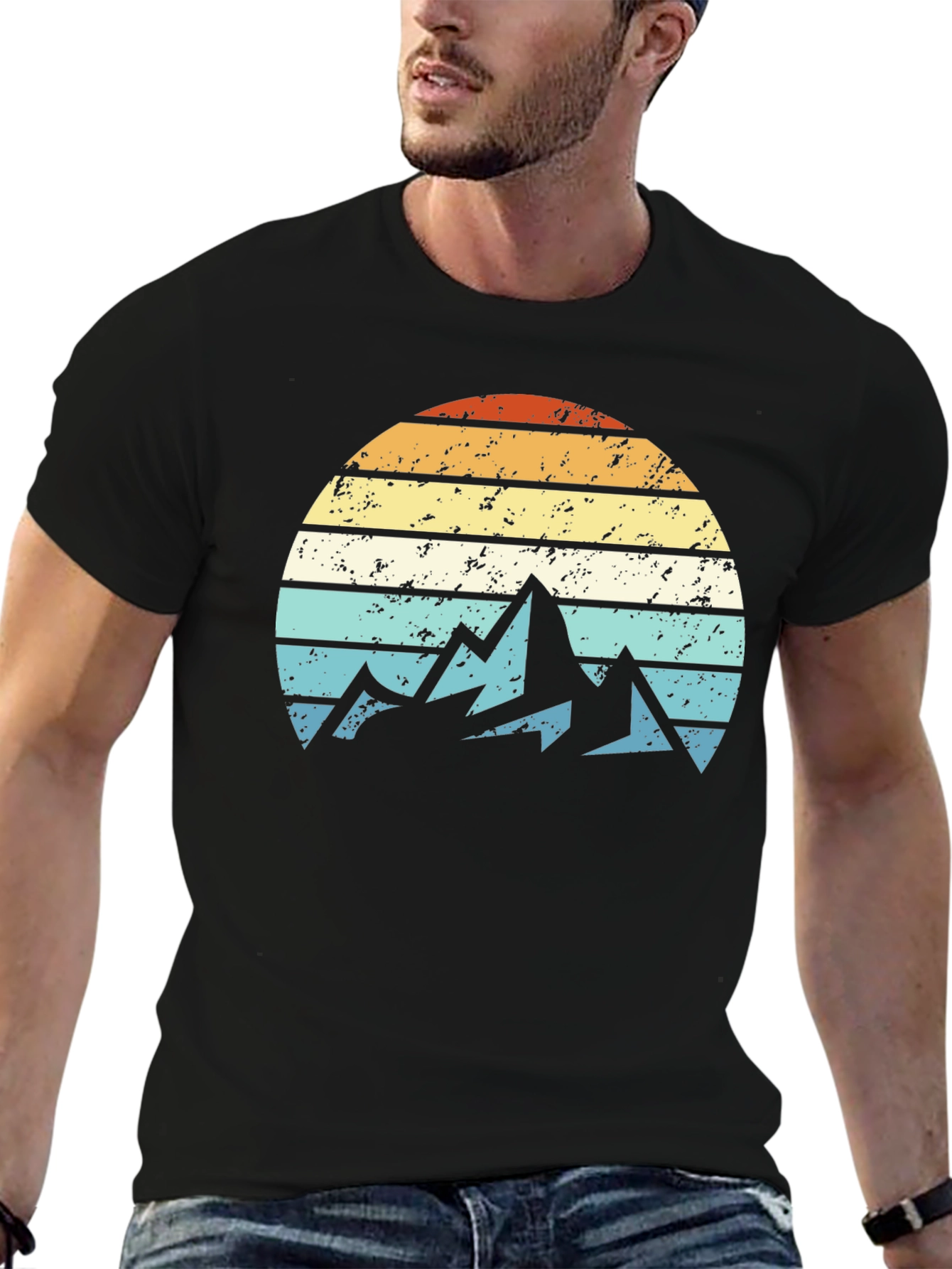 Black Retro Mountain Sunset Graphic T-Shirt view 6