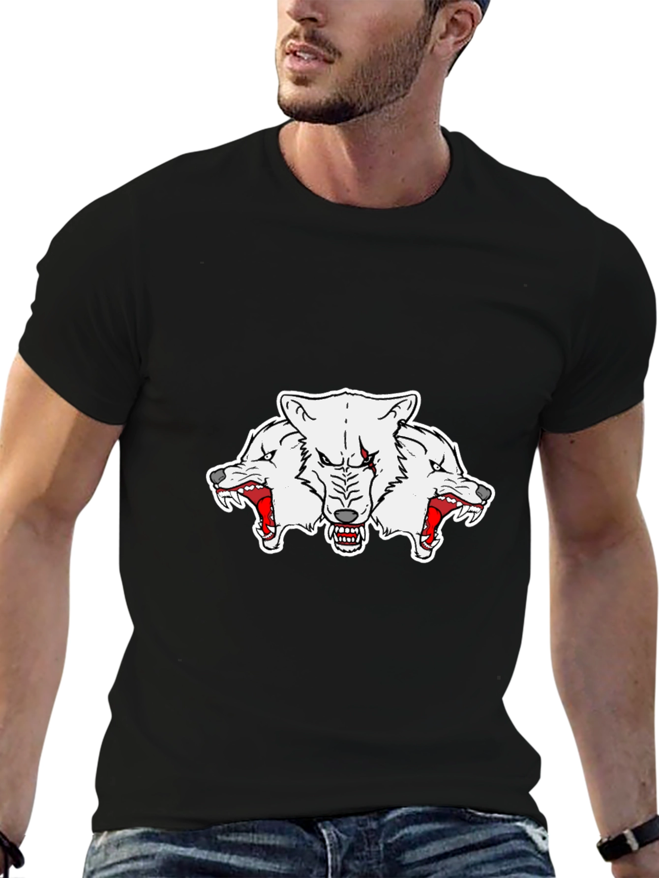 Black Three-Headed Wolf Graphic Tee - Black view 6