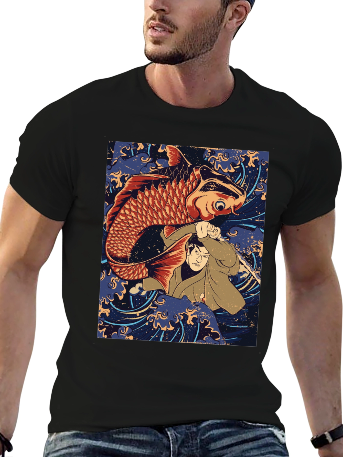 Black Koi Fish & Samurai T-Shirt - Graphic Tee view 6