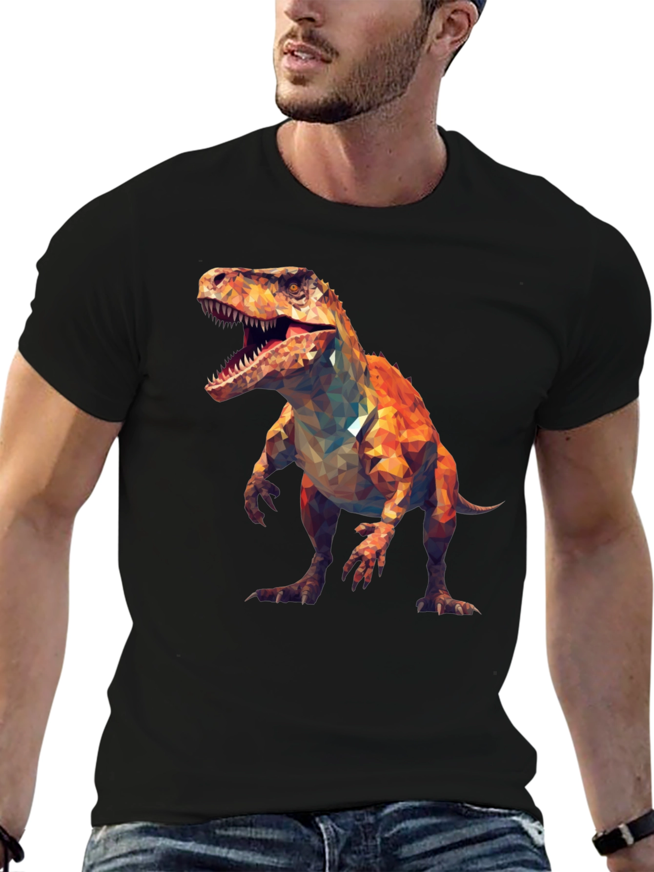 Black Geometric Dinosaur T-Shirt - Black Cotton Tee view 6