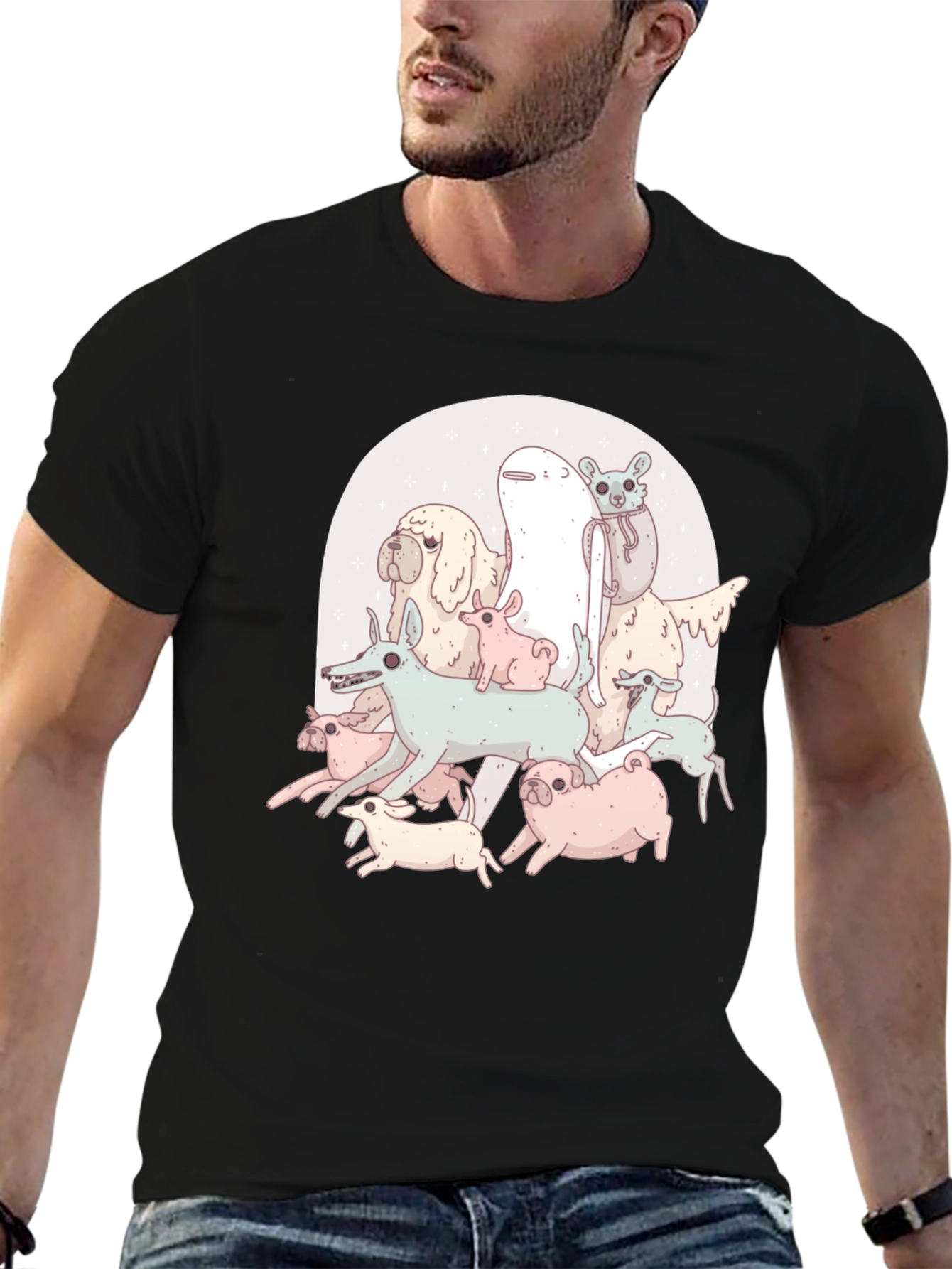 Black Funny Dog Pile Graphic T-Shirt view 6