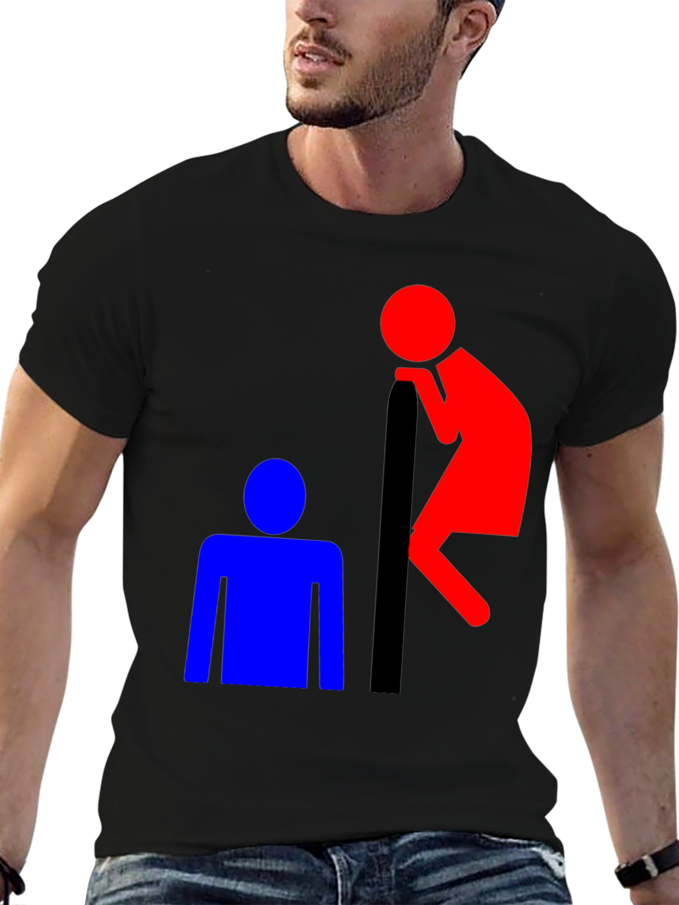 Black Funny T-Shirt: Red Peeping Tom and Blue Figure view 6