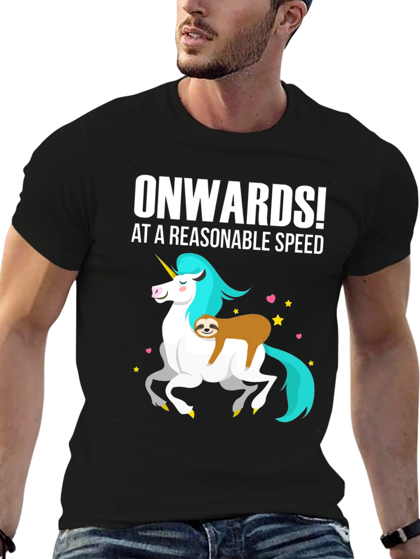 Black Onwards! Sloth Riding Unicorn Graphic Tee view 6