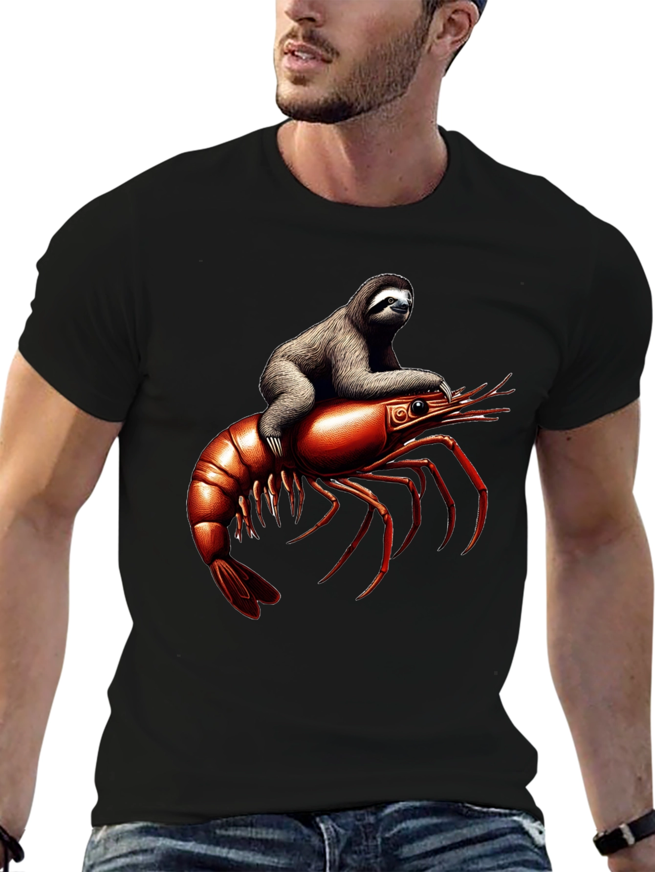Black Sloth Riding Shrimp T-Shirt view 6