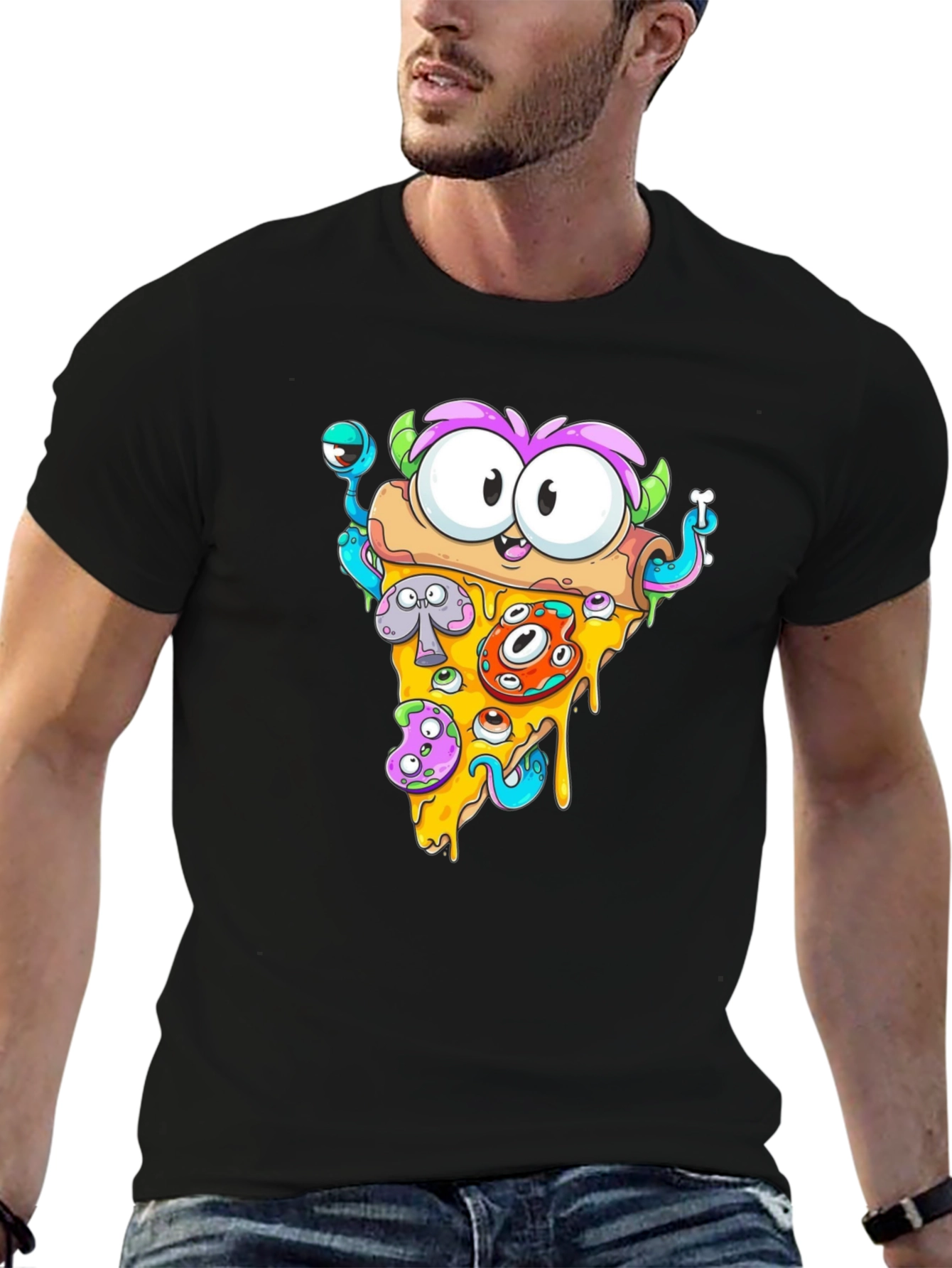 Black Pizza Monster Graphic Tee - Quirky Black T-Shirt view 6