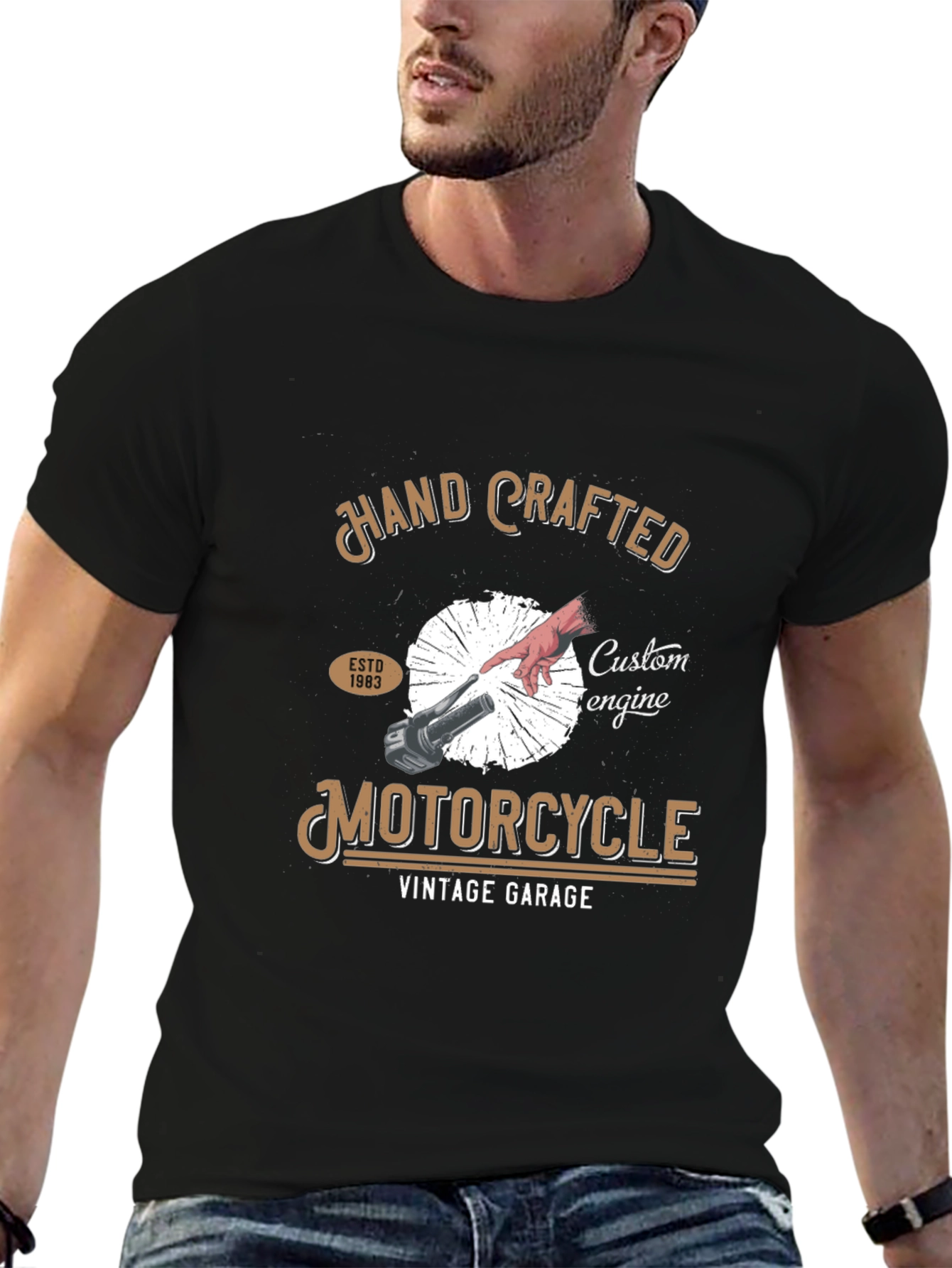 Black Hand Crafted Motorcycle Vintage Garage Tee view 6