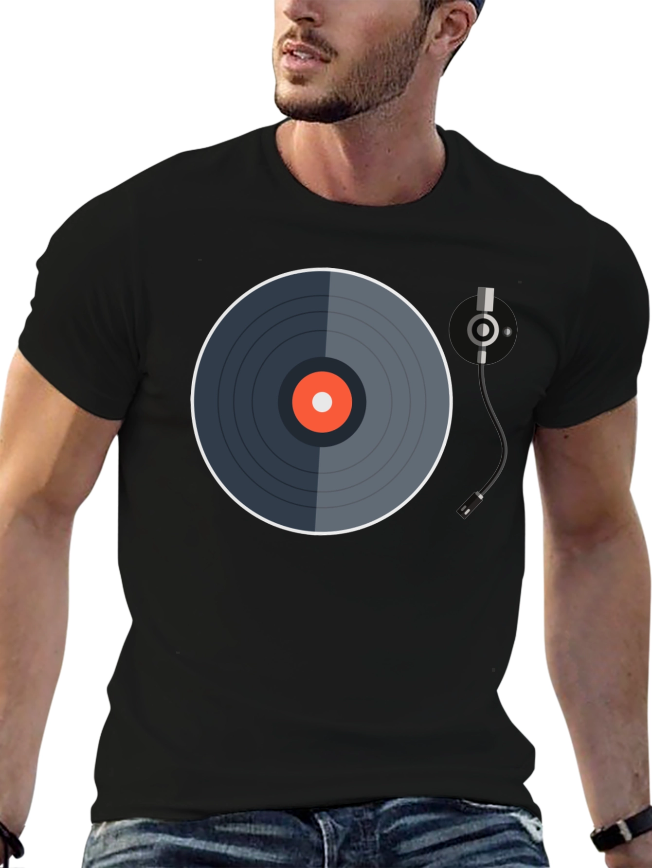 Black Retro Vinyl Record Graphic Tee - Black Cotton Blend view 6