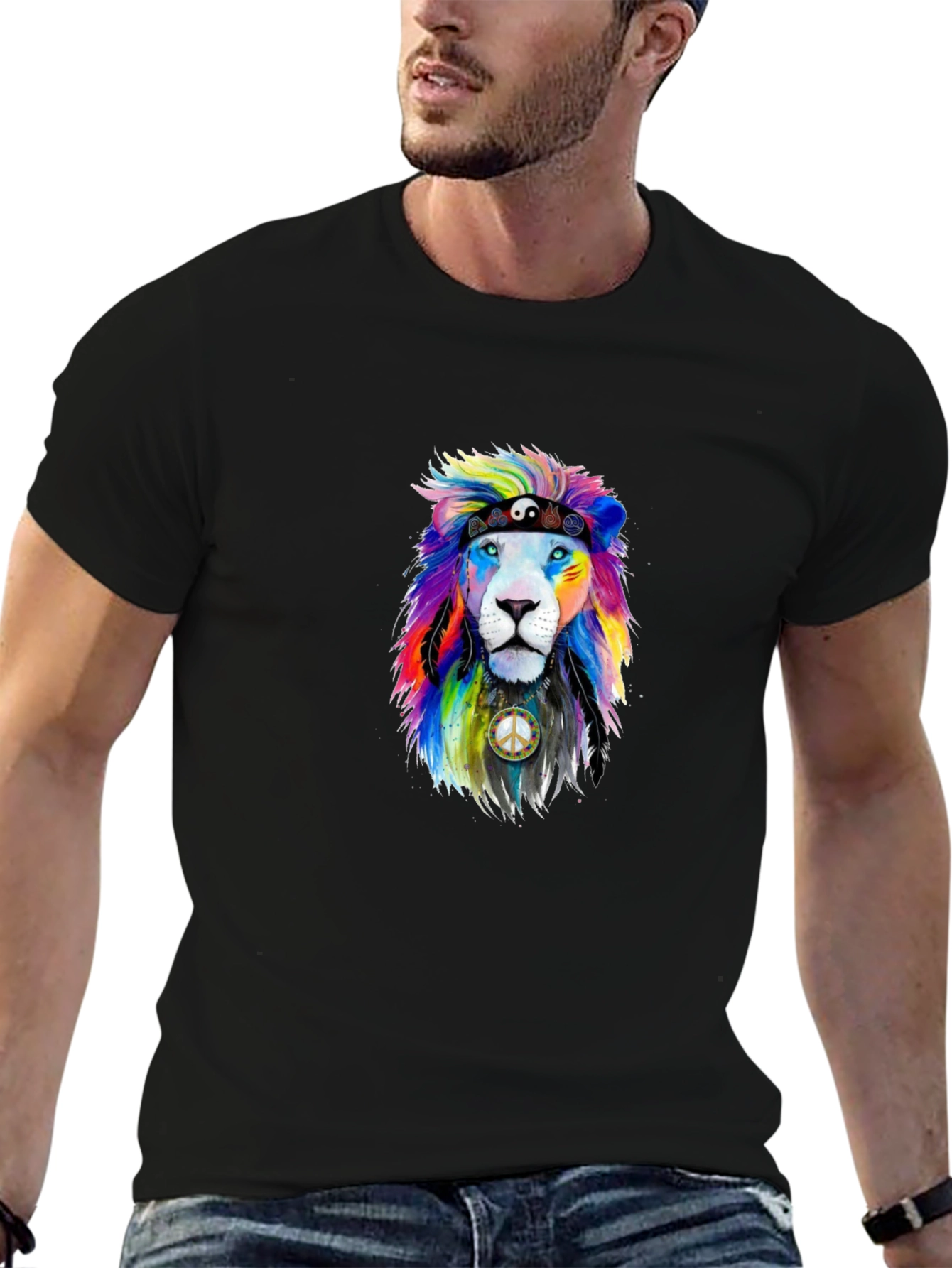 Black Rainbow Lion Peace Sign Graphic Tee view 6