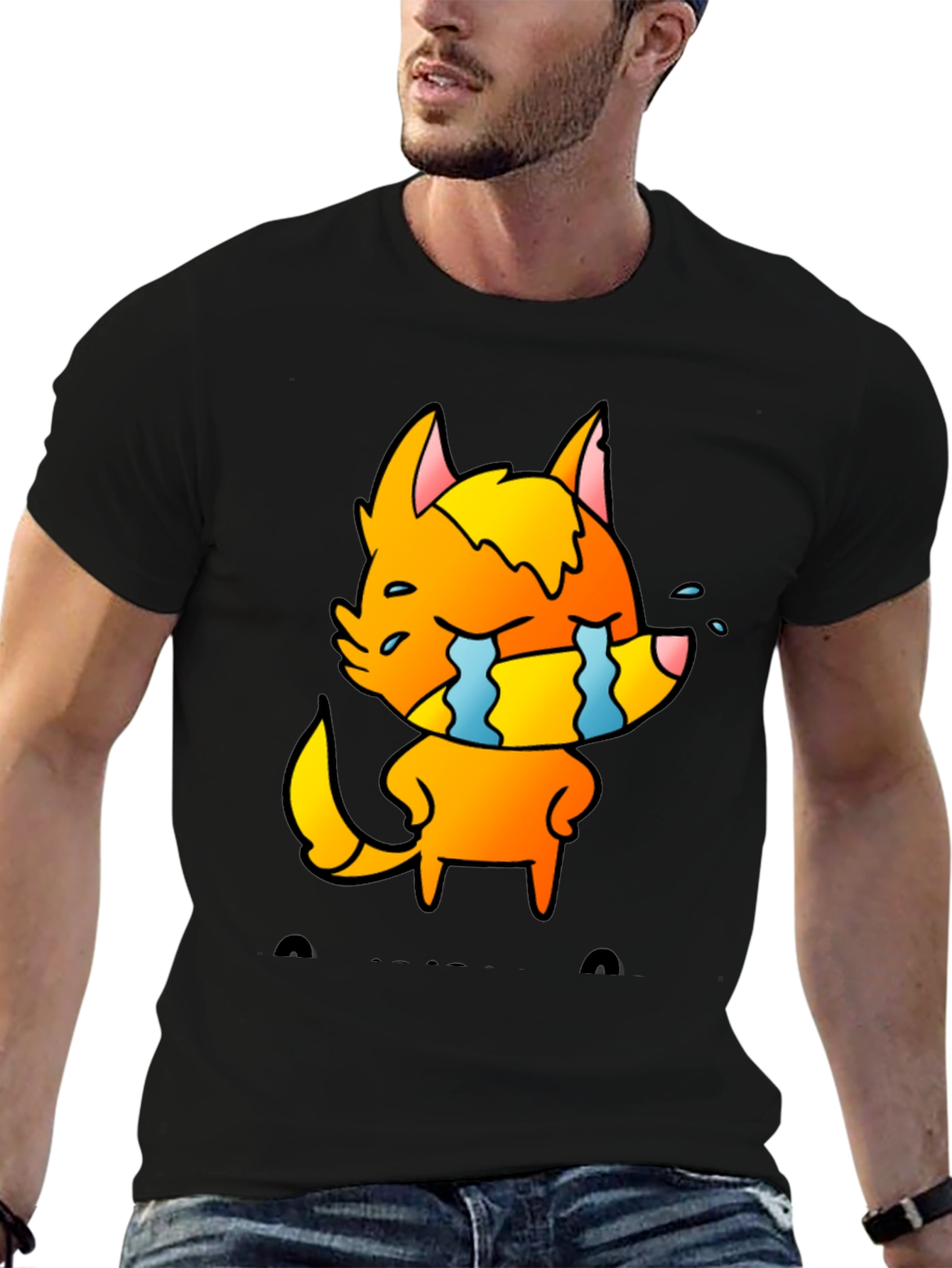 Black Cartoon Crying Fox Graphic Tee - Black view 6