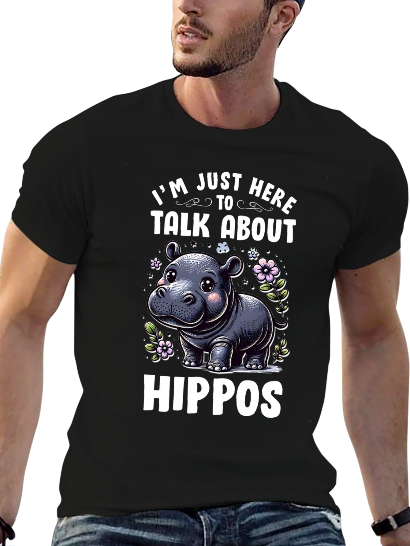 Black Hippo Lover T-Shirt - I'm Just Here To Talk About Hippos view 6