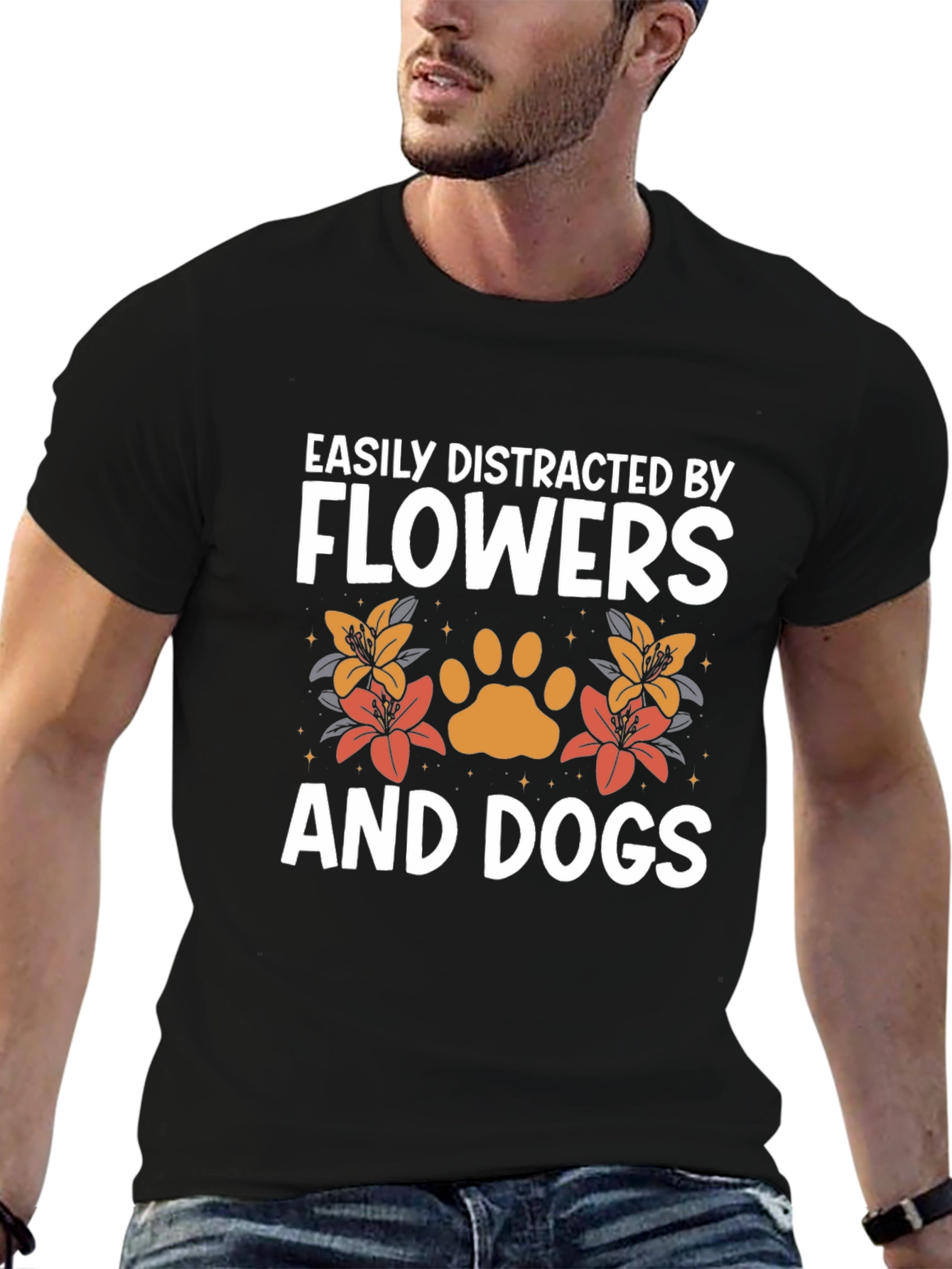 Black Easily Distracted by Flowers and Dogs Tee view 6