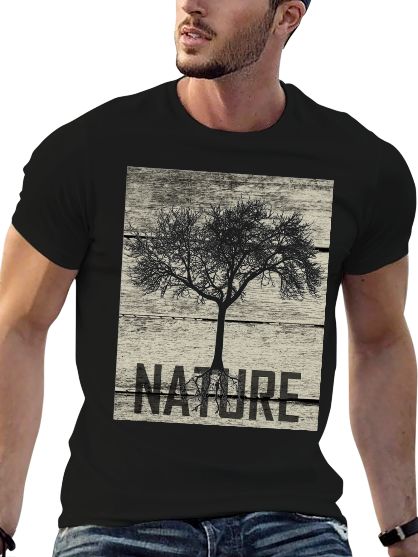 Black Nature Tree Graphic Tee - Black Cotton T-Shirt view 6