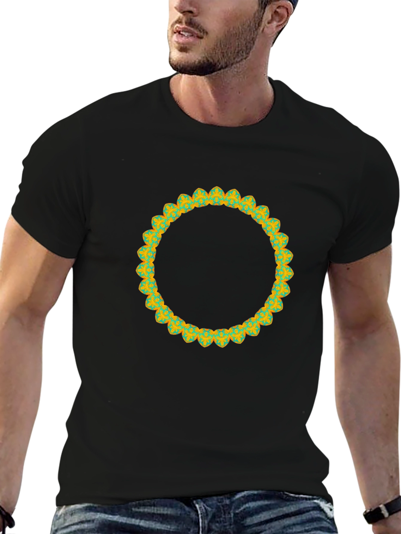 Black Men's Black T-Shirt with Decorative Circular Print view 6