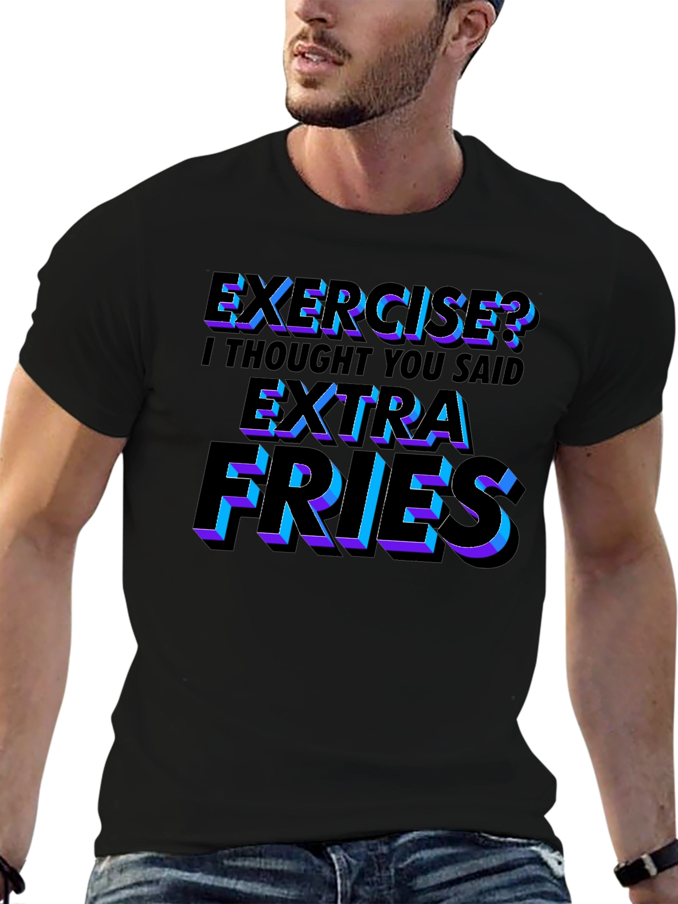 Black Funny Exercise? Extra Fries Men's Black T-Shirt view 6