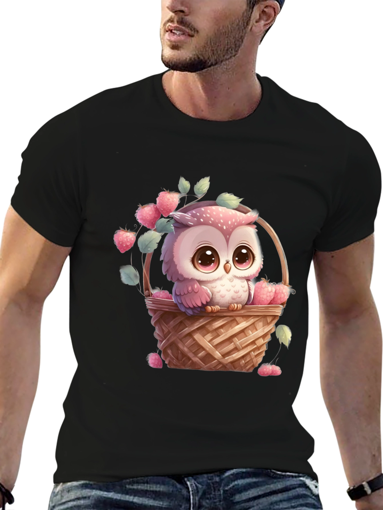 Black Owl in Basket T-Shirt: Cute Cartoon Graphic Tee view 6
