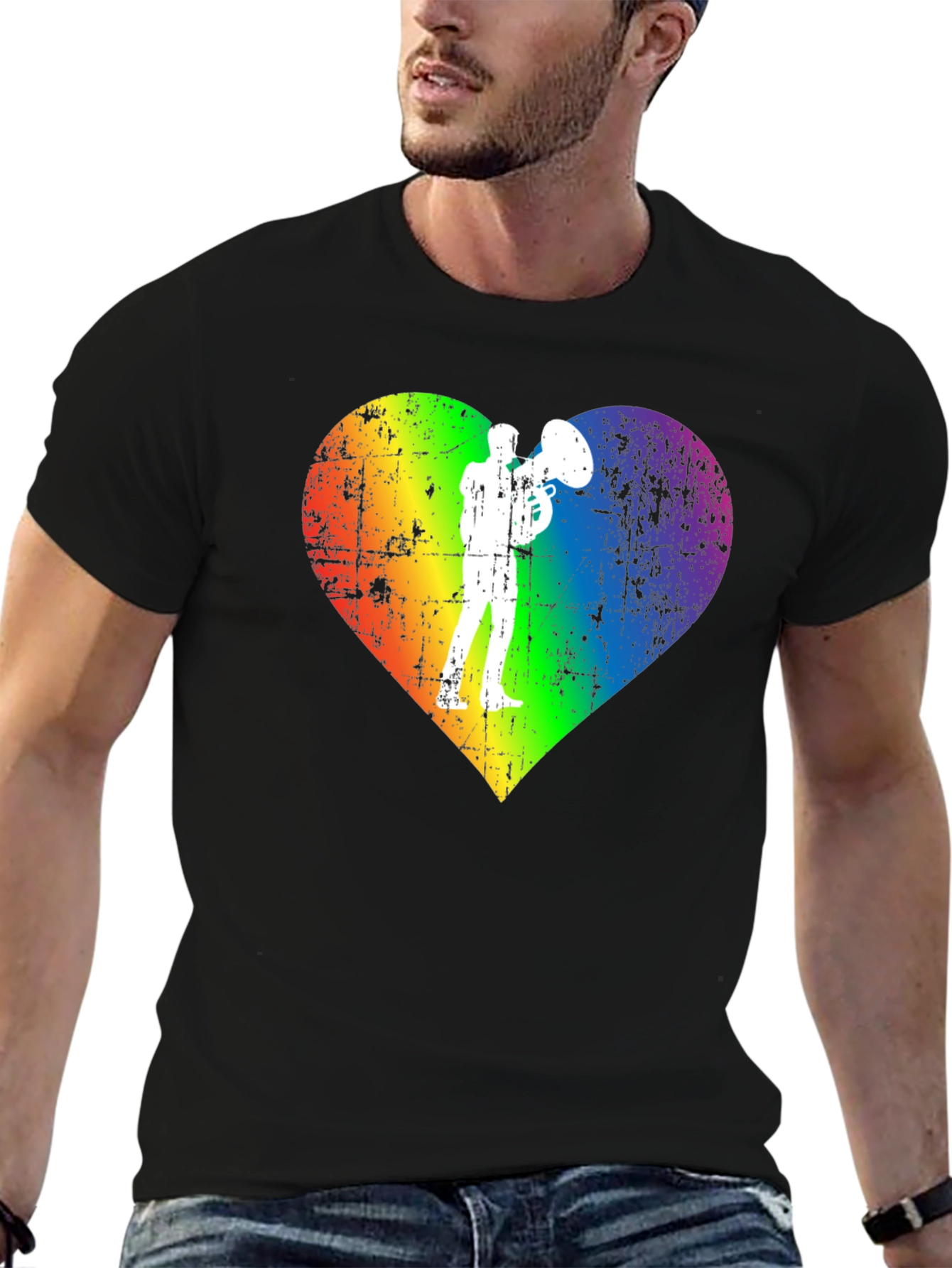 Black Rainbow Heart Tuba Player Black T-Shirt view 6