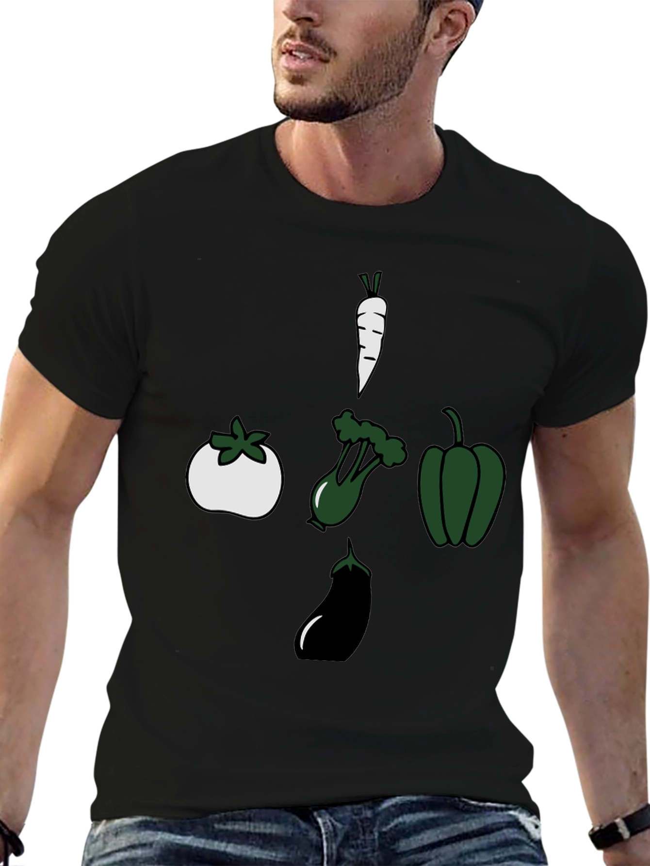 Black Veggie Cross T-Shirt: Carrot, Tomato, Eggplant, Pepper view 6