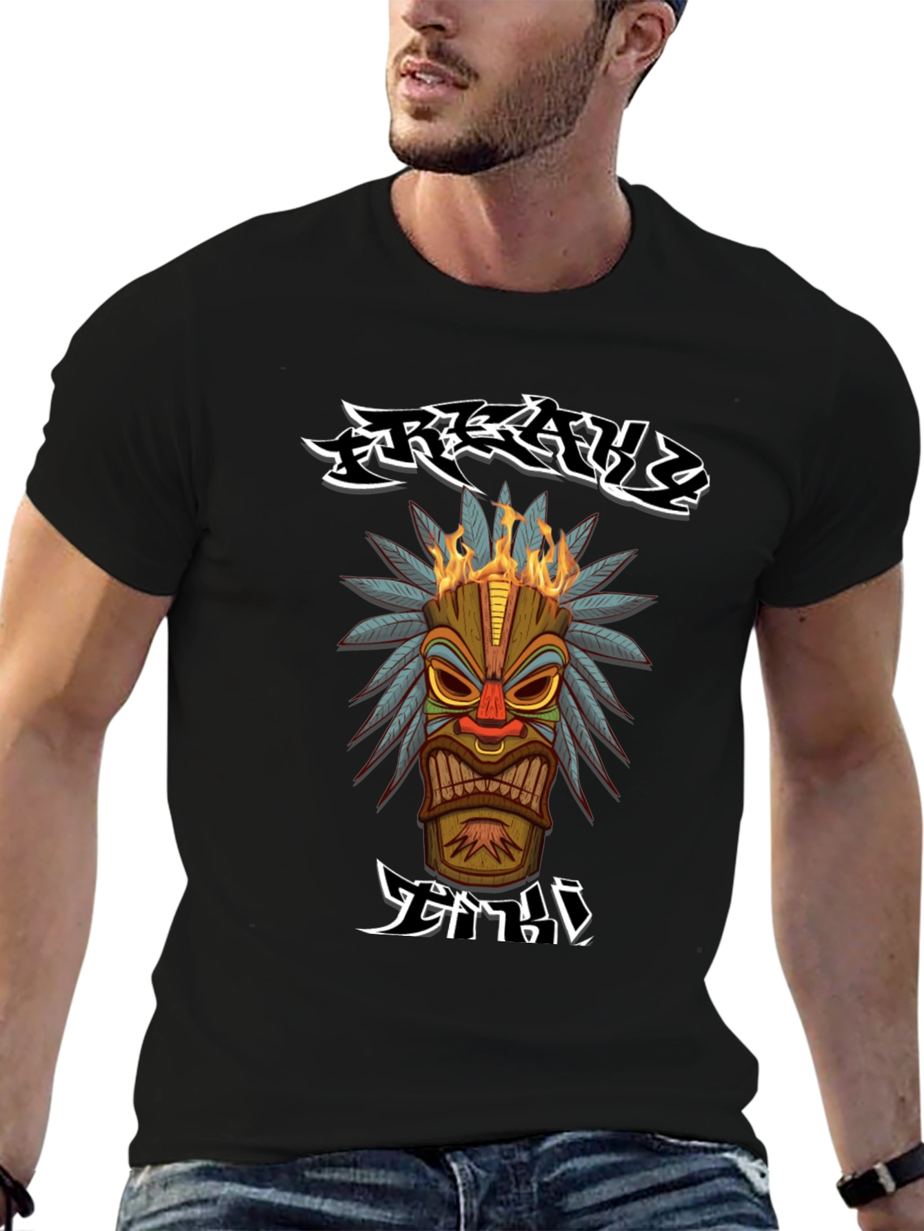 Black Tribal Tiki Head Graphic T-Shirt view 6