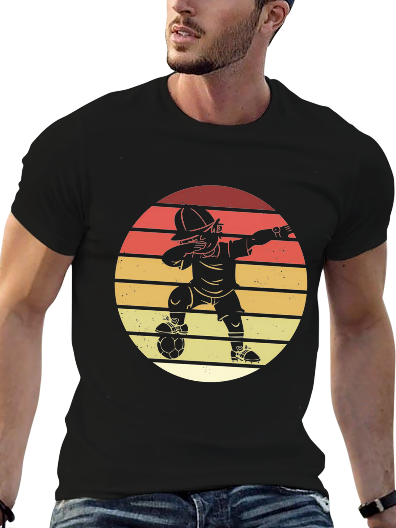 Black Soccer Dab T-Shirt - Retro Sunset Style view 6