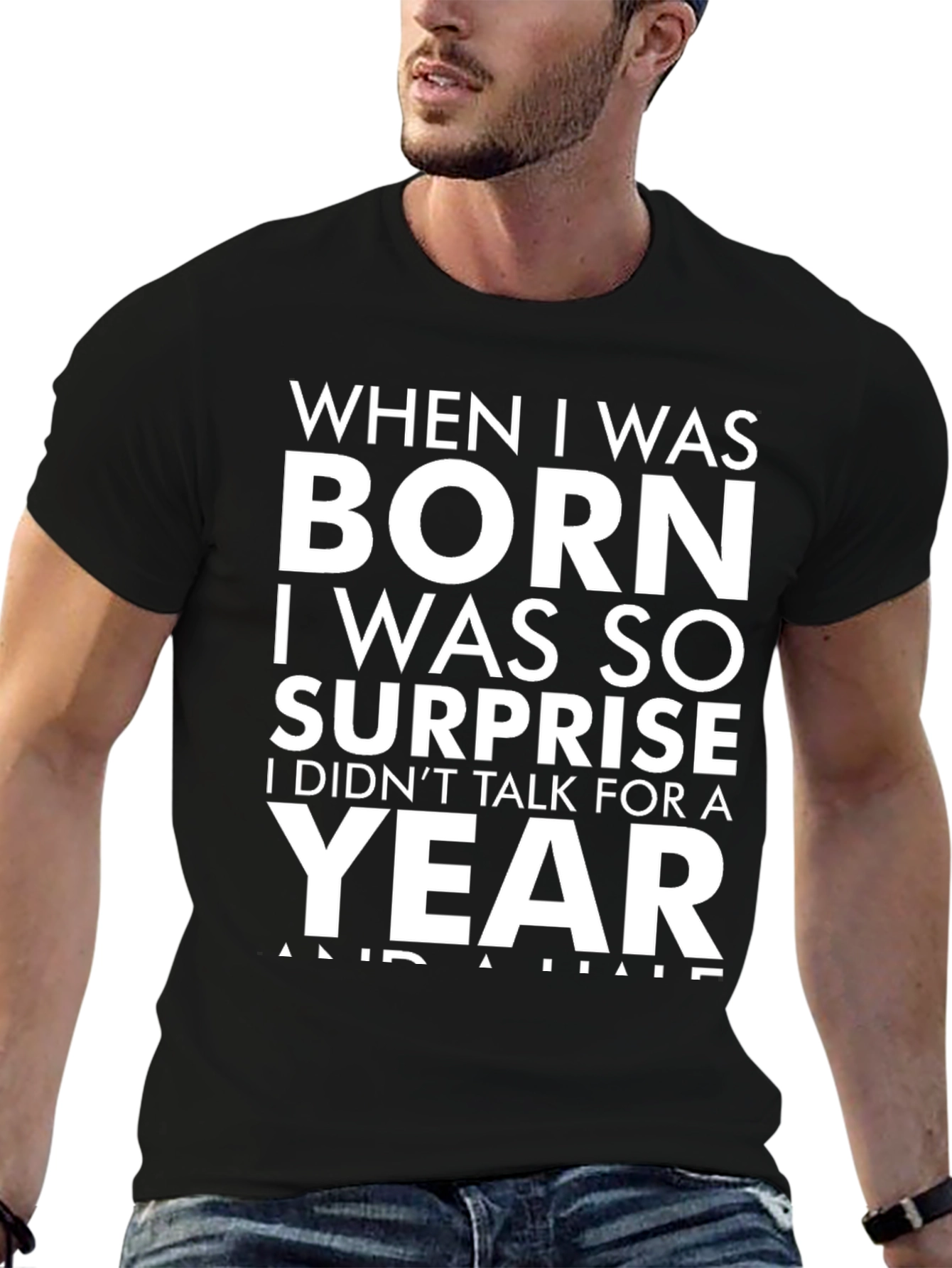 Black Funny "Born Surprise" Graphic Tee view 6