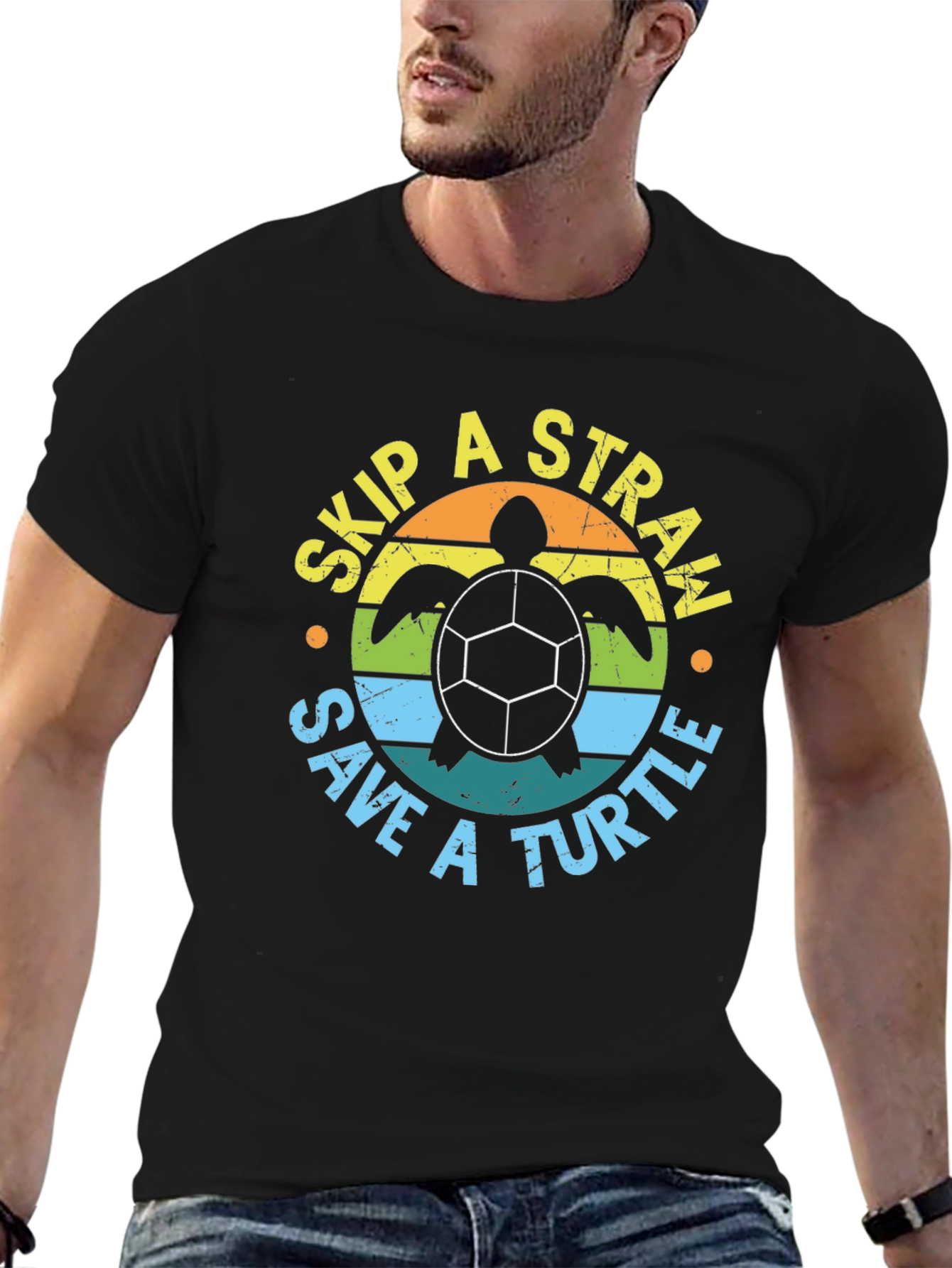 Black Skip a Straw Save a Turtle Graphic Tee view 6