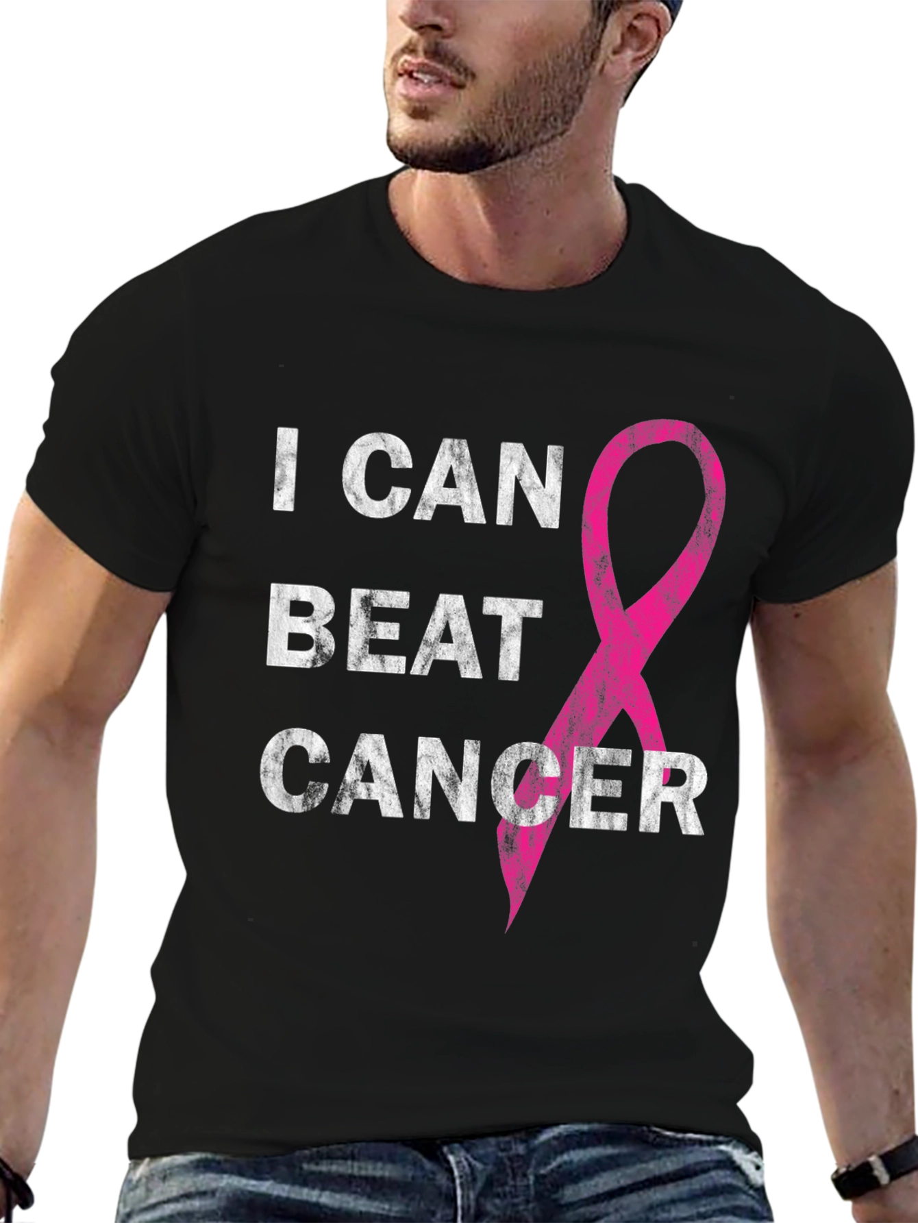 Black I Can Beat Cancer Awareness T-Shirt view 6