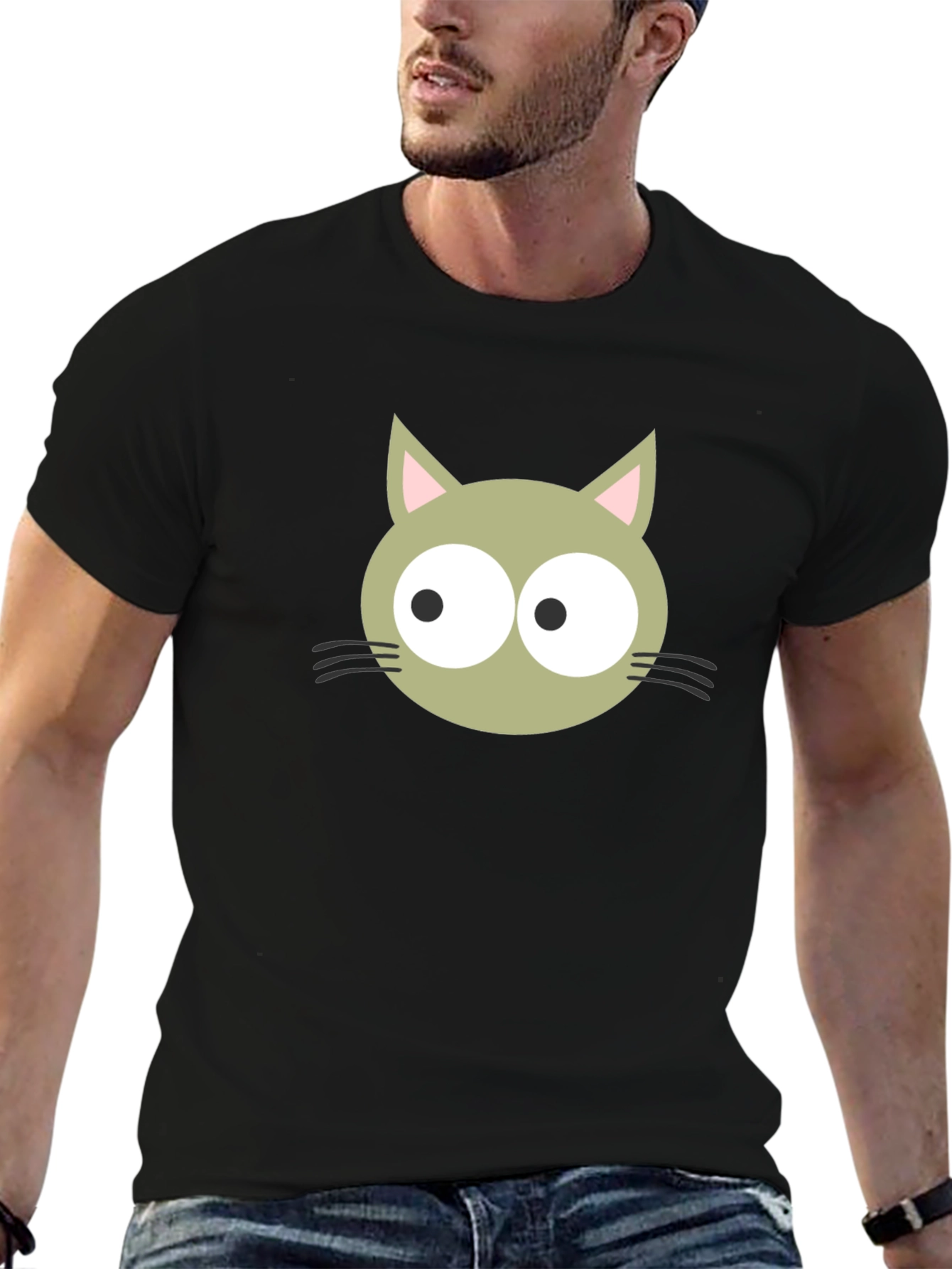 Black Cartoon Cat Graphic Tee - Black Cotton Blend Shirt view 6