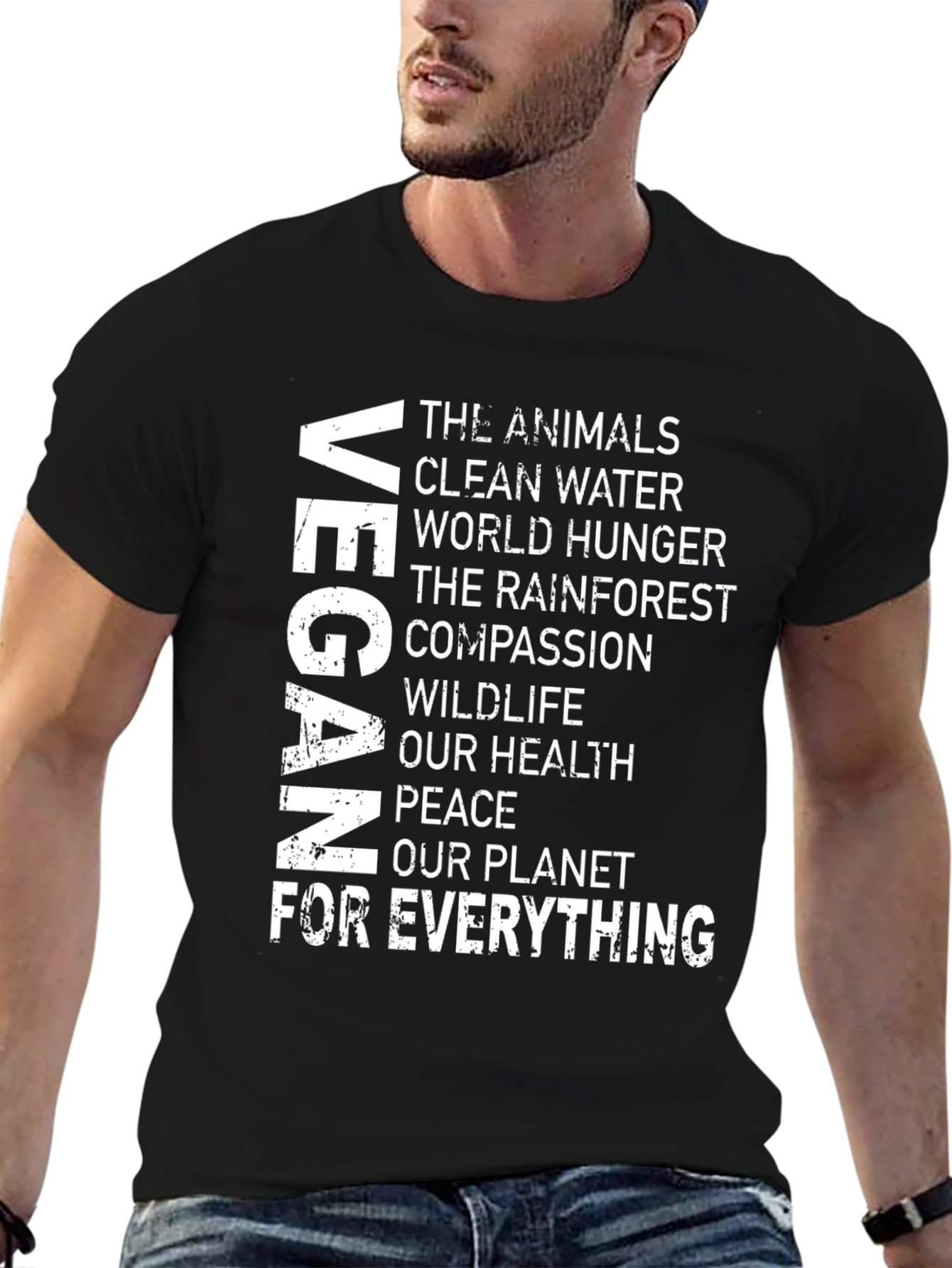 Black Vegan Message T-Shirt: Animals, Water, Hunger, Health, Peace, Planet view 6