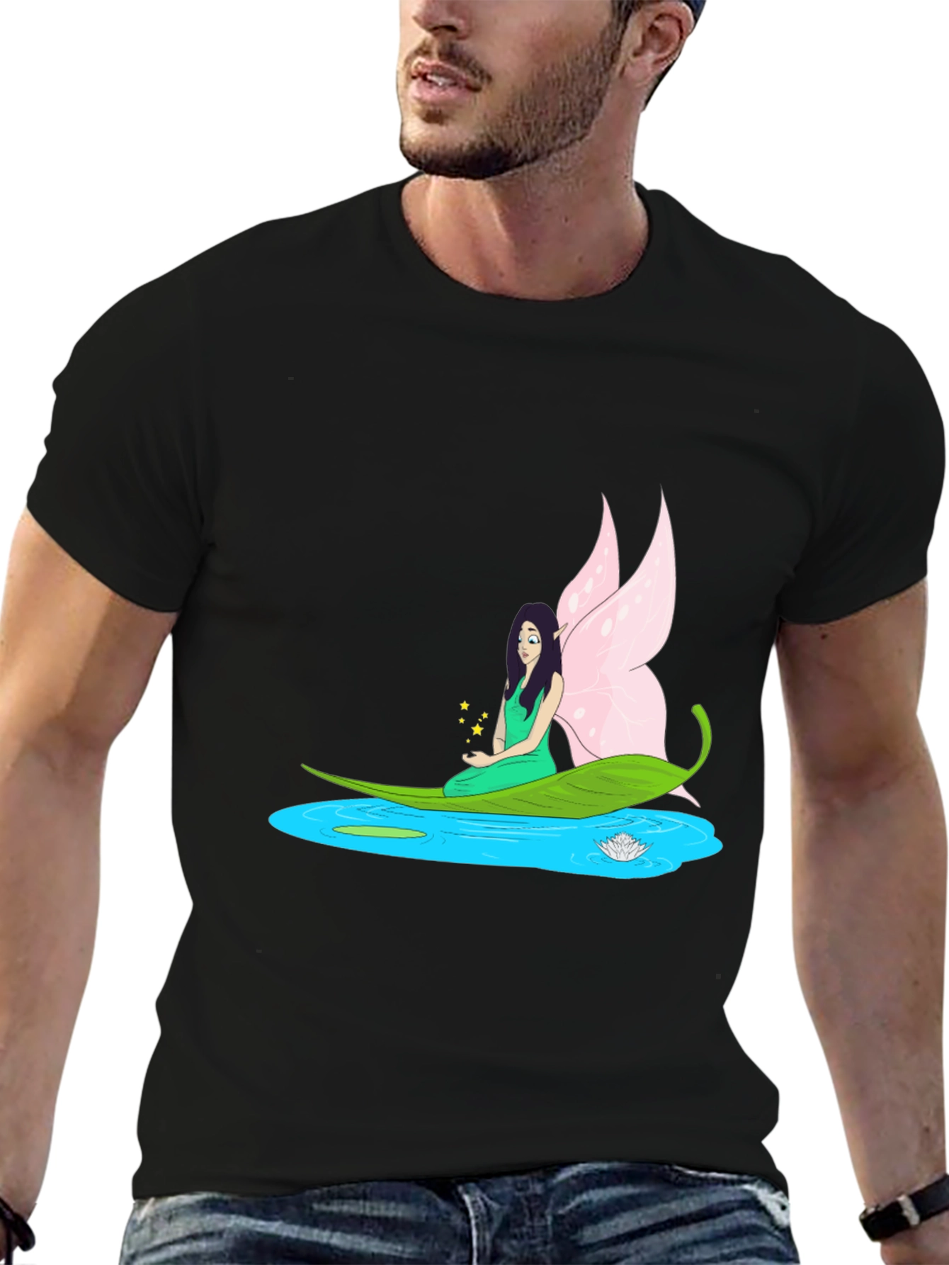 Black Fairy Water Lily Leaf Boat Black T-Shirt view 6