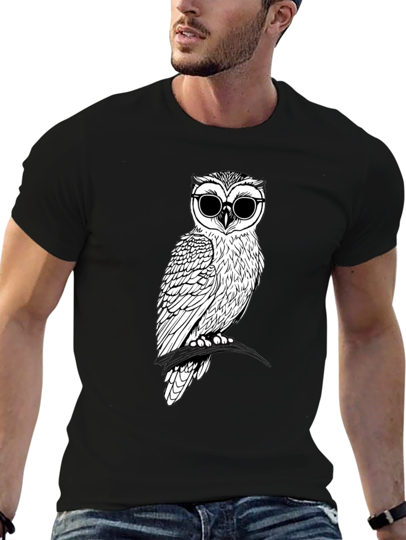 Black Cool Owl Graphic Tee - Black Cotton T-Shirt view 6