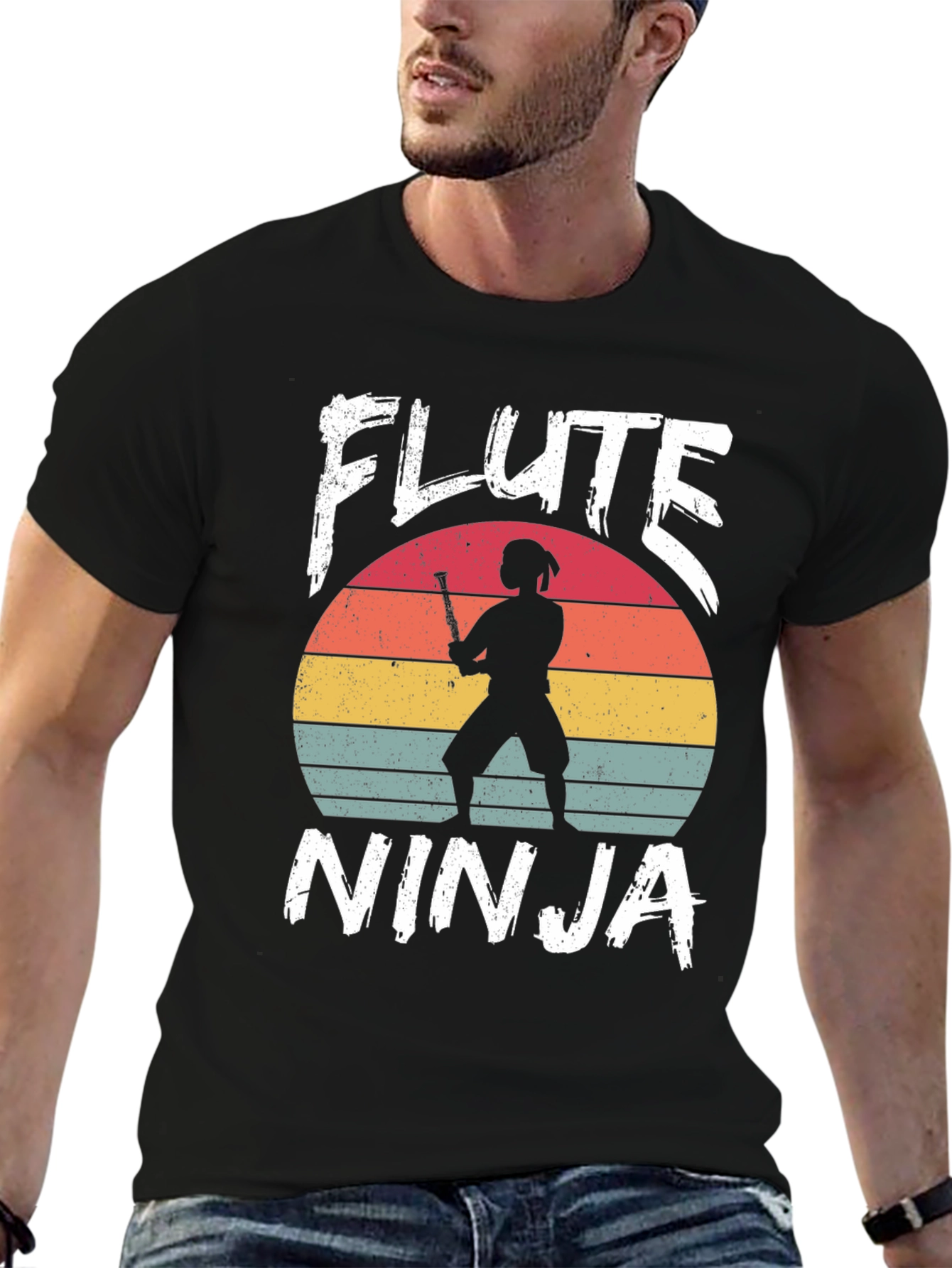 Black Flute Ninja Graphic T-Shirt - Retro Music Tee view 6