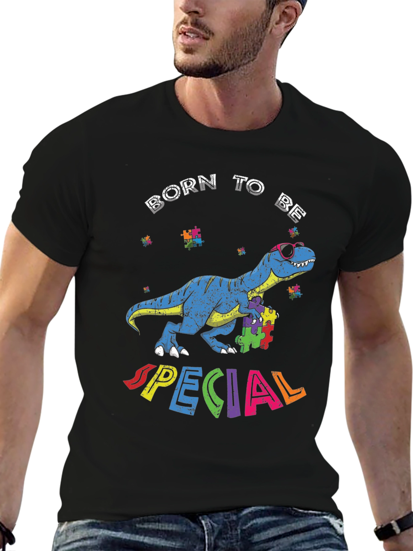 Black Born to Be Special Autism Awareness Dinosaur T-Shirt view 6