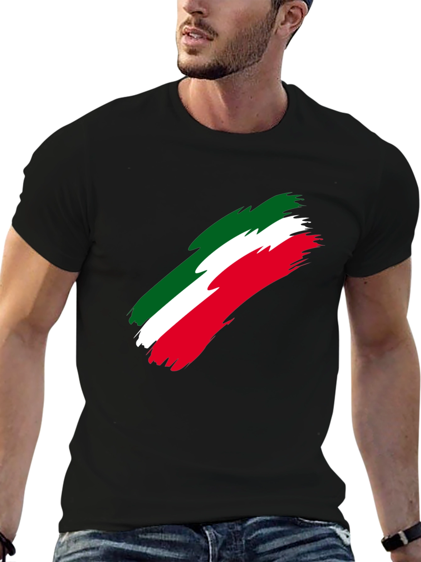 Black Italian Flag Brushstroke Men's Black T-Shirt view 6