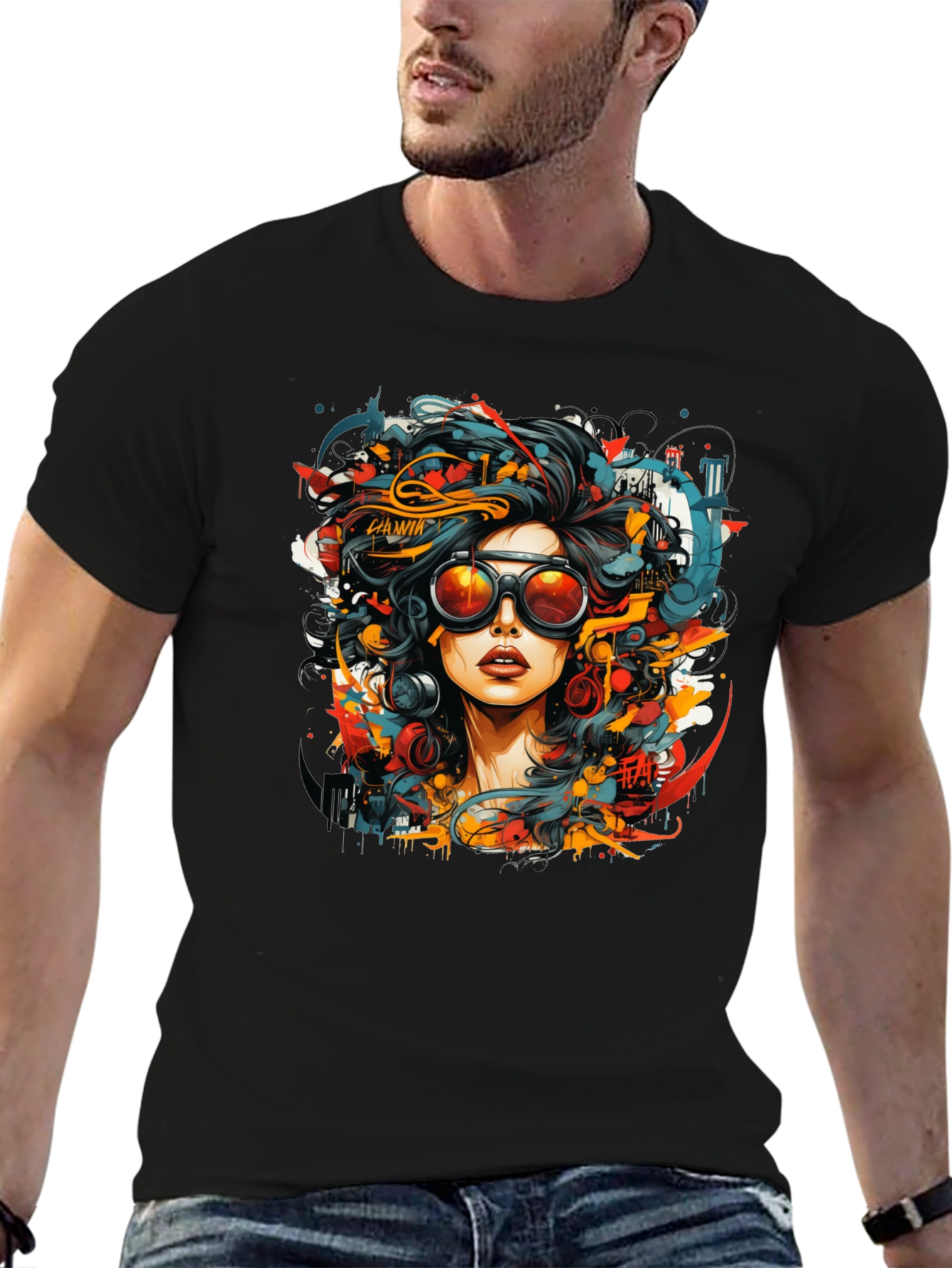 Black Abstract Woman Graphic Tee - Black Cotton T-Shirt view 6