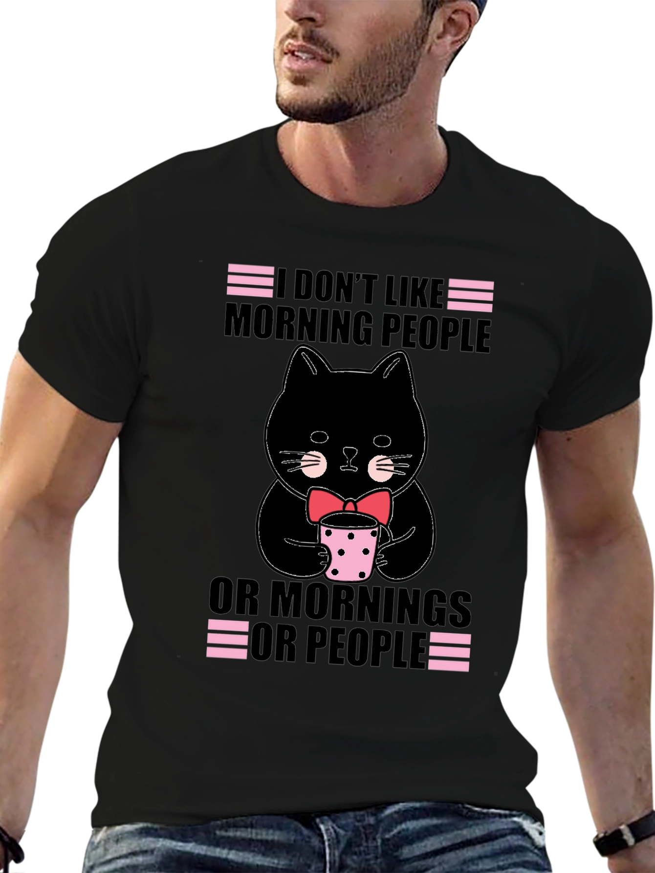 Black Funny Cat T-Shirt - I Don't Like Morning People view 6