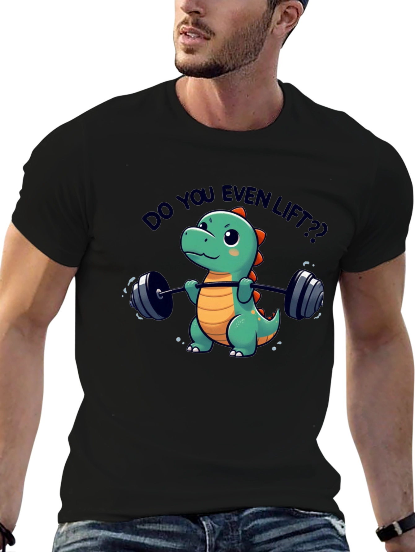 Black Funny Dinosaur Lifting Weights T-Shirt view 6