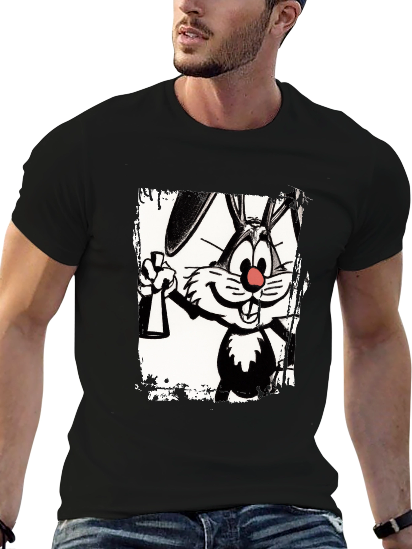 Black Cartoon Rabbit Graphic Black T-Shirt view 6