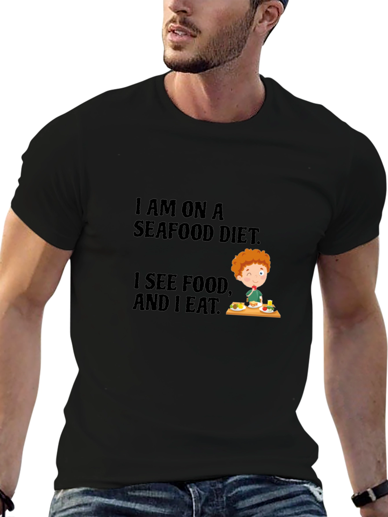 Black Seafood Diet T-Shirt - Funny Foodie Tee view 6